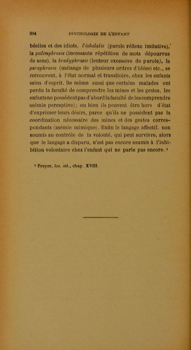 béciles et des idiots, Vécholalie (parole réflexe imitative),* la palimphrasie (incessante répétition de mots dépourvus de sens), la bradyphrasie (lenteur excessive de parole), la paraphrasie (mélange de plusieurs ordres d’idées) etc,, se retrouvent, à l’état normal et transitoire, chez les enfants sains d’esprit. De môme aussi que certains malades ont perdu la faculté de comprendre les mines et les gestes, les enfants ne possédentpas d’abord la faculté delescomprendre asémie perceptive) ; ou bien ils peuvent être hors d’état d’exprimer leurs désirs, parce qu’ils ne possèdent pas la coordination nécessaire des mines et des gestes corres- pondants (asémie mimique). Entin le langage affectif, non soumis au contrôle de la volonté, qui peut survivre, alors que le langage a disparu, n’est pas encore soumis à l’inhi- bition volontaire chez l’enfant qui ne parle pas encore.1 1 Preyer, loc. eit., chap. XVIII.