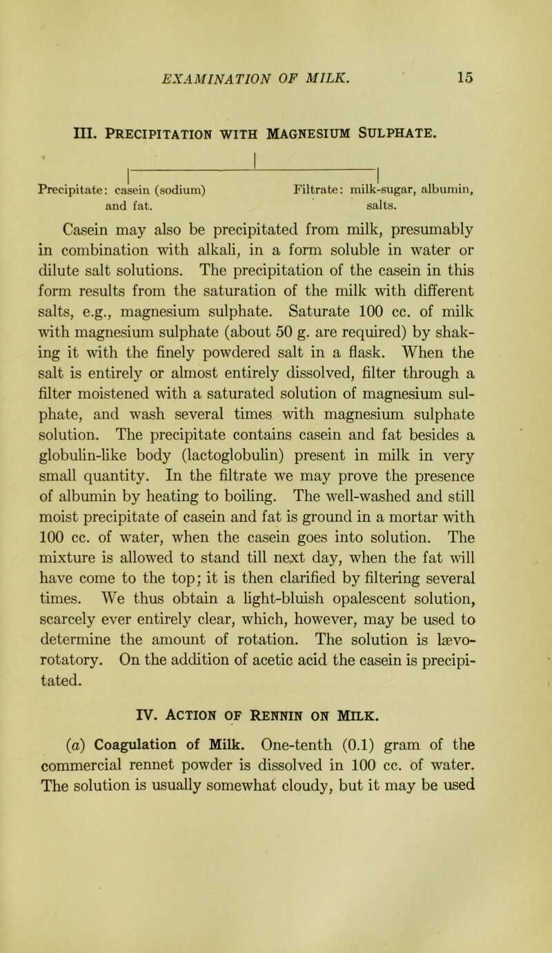 III. PRECIPITATION WITH MAGNESIUM SULPHATE. Precipitate: casein (sodium) Filtrate; milk-sugar, albumin, and fat. salts. Casein may also be precipitated from milk, presumably in combination with alkali, in a form soluble in water or dilute salt Solutions. The precipitation of the casein in this form results from the Saturation of the milk with different salts, e.g., magnesium sulphate. Saturate 100 cc. of milk with magnesium sulphate (about 50 g. are required) by shak- ing it with the finely powdered salt in a flask. When the salt is entirely or almost entirely dissolved, filter through a filter moistened with a saturated solution of magnesium sul- phate, and wash several times with magnesium sulphate solution. The precipitate contains casein and fat besides a globuhn-like body (lactoglobuhn) present in milk in very small quantity. In the filträte we may prove the presence of albumin by heating to boihng. The well-washed and still moist precipitate of casein and fat is ground in a mortar with 100 cc. of water, when the casein goes into solution. The mixture is allowed to stand tili ne;xt day, when the fat will have come to the top; it is then clarified by filtering several times. We thus obtain a hght-bluish opalescent solution, scarcely ever entirely clear, which, however, may be used to determine the amount of rotation. The solution is Isevo- rotatory. On the addition of acetic acid the casein is precipi- tated. IV. AcTioN OF Rennin on Milk. (a) Coagulation of Milk. One-tenth (0.1) gram of the commercial rennet powder is dissolved in 100 cc. of water. The solution is usually somewhat cloudy, but it may be used