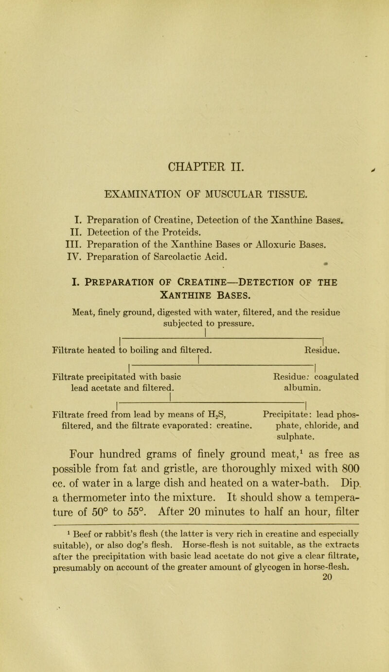 CHAPTER II. EXAMINATION OF MUSCULAR TISSUE. I. Preparation of Creatine, Detection of the Xanthine Bases. II. Detection of the Proteids. III. Preparation of the Xanthine Bases or Alloxuric Bases. IV. Preparation of Sarcolactic Acid. I. Preparation of Creatine—detection of the Xanthine Bases. Meat, finely ground, digested with water, filtered, and the residue subjected to pressure. Filtrate heated to boiling and filtered. Residue. Filtrate precipitated with basic Residue: coagulated lead acetate and filtered. albumin. Filtrate freed from lead by means of HjS, Precipitate: lead phos- filtered, and the filtrate evaporated; creatine. phate, chloride, and sulphate. Four hundred grams of finely ground meat/ as free as possible from fat and gristle, are thoroughly mixed with 800 cc. of water in a large dish and heated on a water-bath. Dip, a thermometer into the mixture. It should show a tempera- ture of 50° to 55°. After 20 minutes to half an hour, filter ^ Beef or rabbit’s flesh (the latter is very rieh in creatine and especially suitable), or also dog’s flesh. Horse-flesh is not suitable, as the extracts after the precipitation with basic lead acetate do not give a clear filtrate, presumably on account of the greater amount of glycogen in horse-flesh.