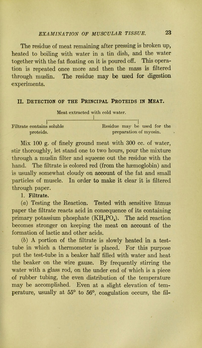The residue of meat remaining after pressing is broken up, heated to boiling with water in a tin dish, and the water together with the fat floating on it is poured off. This Opera- tion is repeated once inore and then the mass is filtered through mushn. The residue may be used for digestion Experiments. II. DETECTION OF THE PRINCIPAL PROTEIDS IN MEAT. Mix 100 g. of finely ground meat with 300 cc. of water, stir thoroughly, let stand one to two hours, pour the mixture through a muslin filter and squeeze out the residue with the hand. The filtrate is colored red (from the hsemoglobin) and is usually somewhat cloudy on account of the fat and small particles of muscle. In order to make it clear it is filtered through paper. 1. Filtrate. (а) Testing the Reaction. Tested with sensitive litmus paper the filtrate reacts acid in consequence of its containing primary potassium phosphate (KH2PO4). The acid reaction becomes stronger on keeping the meat on account of the formation of lactic and other acids. (б) A portion of the filtrate is slowly heated in a test- tube in which a thermometer is placed. For this purpose put the test-tube in a beaker half filled with water and heat the beaker on the wire ganze. By frequently stirring the water with a glass rod, on the under end of which is a piece of rubber tubing, the even distribution of the temperature may be accomphshed. Even at a slight elevation of tem- perature, usually at 55° to 56°, coagulation occurs, the fil- Meat extracted with cold water. Filtrate contains soluble proteids. Residue may be used for the preparation of myosin.