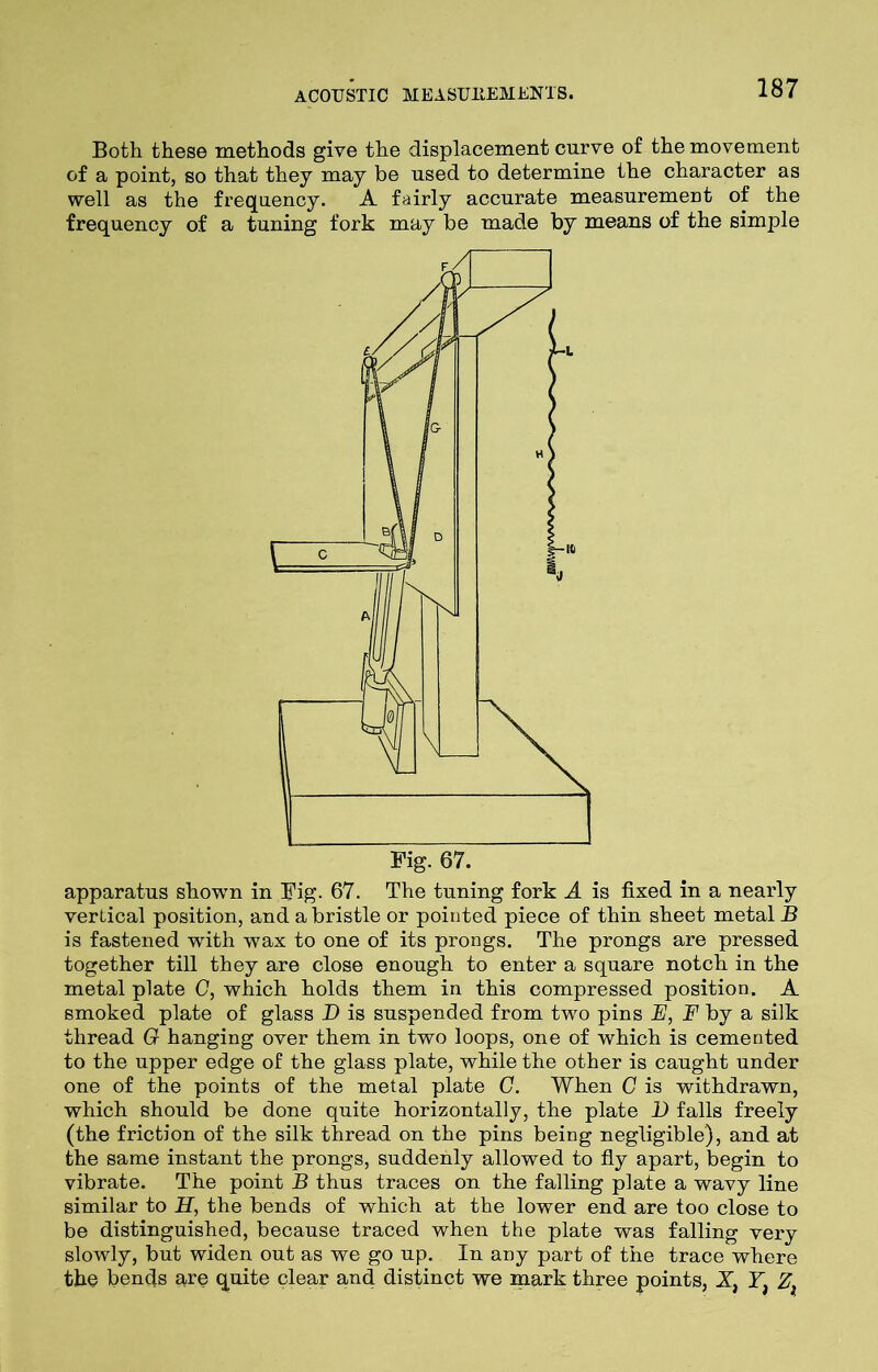 Both these methods give the displacement curve of the movement of a point, so that they may be used to determine the character as well as the frequency. A fairly accurate measurement of the frequency of a tuning fork may be made by means of the simple apparatus shown in ITig. 67. The tuning fork A is fixed in a nearly vertical position, and a bristle or pointed piece of thin sheet metal B is fastened with wax to one of its prongs. The prongs are pressed together till they are close enough to enter a square notch in the metal plate C, which holds them in this compressed position. A smoked plate of glass D is suspended from two pins E, F by a silk thread G hanging over them in two loops, one of which is cemented to the upper edge of the glass plate, while the other is caught under one of the points of the metal plate C. When C is withdrawn, which should be done quite horizontally, the plate 1) falls freely (the friction of the silk thread on the pins being negligible), and at the same instant the prongs, suddenly allowed to fly apart, begin to vibrate. The point B thus traces on the falling plate a wavy line similar to H, the bends of which at the lower end are too close to be distinguished, because traced when the plate was falling very slowly, but widen out as we go up. In any part of the trace where the bends are quite clear and distinct we mark three points, X, Y} Z.