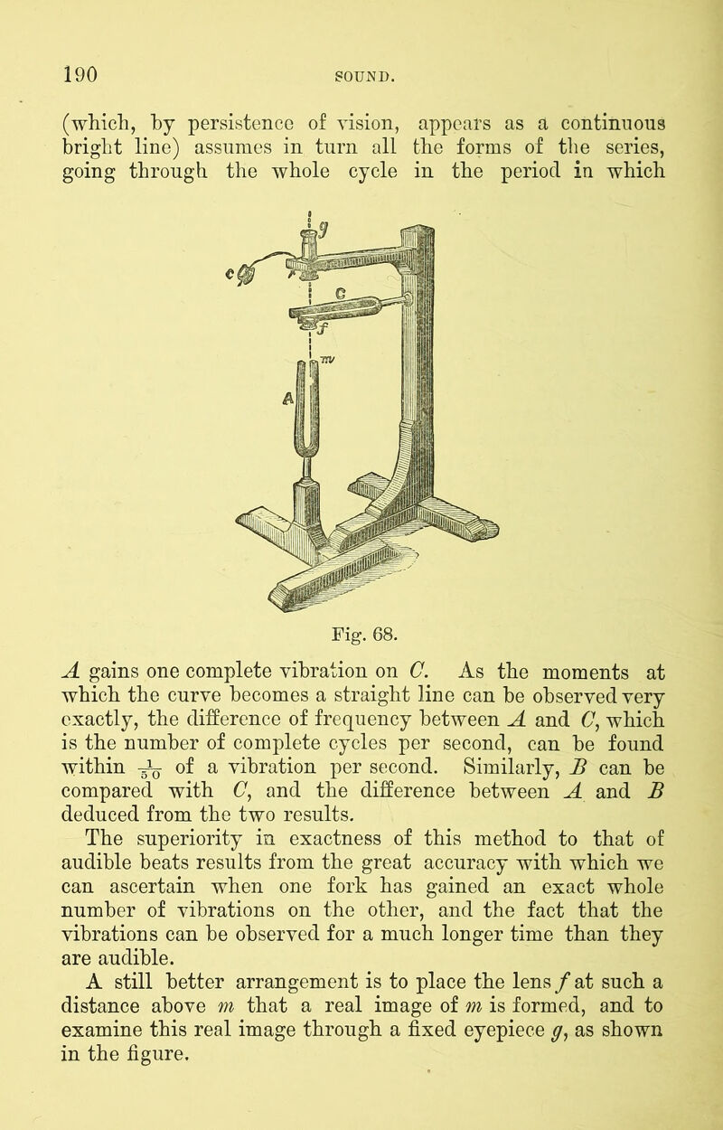 (which, by persistence of vision, appears as a continuous bright line) assumes in turn all the forms of the series, going through the whole cycle in the period in which Fig. 68. A gains one complete vibration on C. As the moments at which the curve becomes a straight line can be observed very exactly, the difference of frequency between A and C, which is the number of complete cycles per second, can be found within -Jq of a vibration per second. Similarly, B can be compared with C, and the difference between A and B deduced from the two results. The superiority in exactness of this method to that of audible beats results from the great accuracy with which we can ascertain when one fork has gained an exact whole number of vibrations on the other, and the fact that the vibrations can be observed for a much longer time than they are audible. A still better arrangement is to place the lens / at such a distance above m that a real image of m is formed, and to examine this real image through a fixed eyepiece y, as shown in the figure.