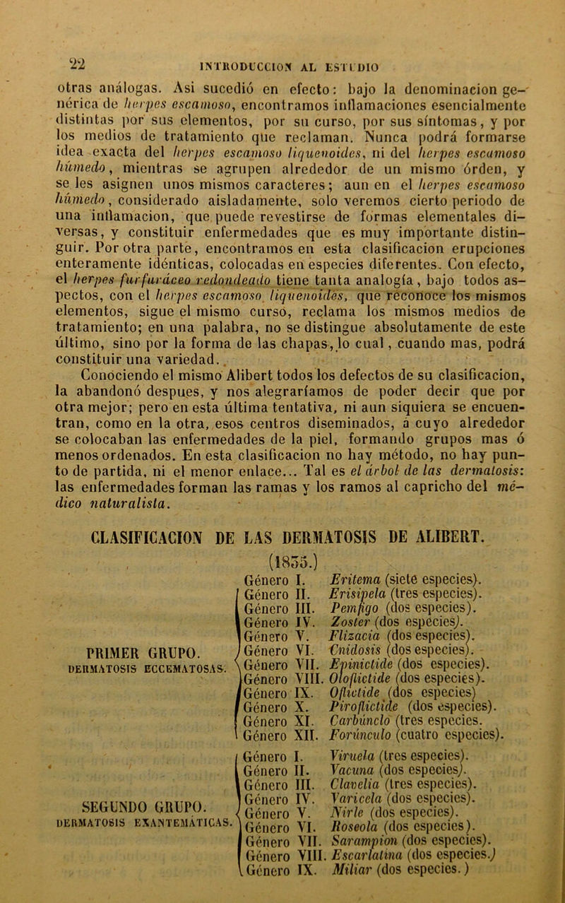‘i'i INTllODLCtlO?( AL tST» DIO otras anàlogas. Asi sucedio en efecto: bajo la denominacion ge- nérica de liurpes escamosn, encontramos inllamacioncs esencialmeiite distiiitas por sus clementos, por su curso, por sus sfntomas, y por los medios de tratamiento que reclaman. Nunca podrâ formarse idea exacta del lierpcs escamoso liquenoides^ ni del herpès escamoso hümedo, mientras se agrupen alrededor de un mismo 6rden, y se les asignen unos mismos caractères ; aun en el herpes escamoso hûmedo, considerado aisladamente, solo veremos cierto période de una inllamacion, que. puede revestirse de formas elementales di- versas, y constituir enfermedades que esmuy importantedistin- guir. Por otra parte, encontramos en esta clasificacion erupciones enteramente idénticas, colocadas en especies diferentes, Con efecto, el herpes furfurdceo redondeado tiene tanta analogia, bajo todos as- pectos, con el herpes escamoso, liquenoides, que réconoce los mismos elementos, sigue el mismo curso, réclama los mismos medios de tratamiento; en una palabra, no se distingue absoîutamente de este ültimo, sino por la forma de las cliapas, jo cual, cuando mas, podrà constituir una variedad,. Conôciendo el mismo Alibert todos los defectos de su clasificacion, la abandono despues, y nos alegrarfamos de poder decir que por otra mejor; pero en esta ùltima tentativa, ni aun siquiera se encuen- tran, como en la otra, esos centres diseminados, à cuyo alrededor se colocaban las enfermedades de la piel, formando grupos mas 6 menos ordenados. En esta clasificacion no hay método, no hay pun- to de partida, ni el mener enlace... Tal es el arboi de las dermalosis: las enfermedades forman las ramas y los ramos al capricho del mé- dico naluralisla. CLASIFICACION DE LAS DERMATOSIS DE ALIBERT. (1855.) Généré I. Eritema (siete especies). IGénero II. Erisipela (très especies). Género III. Pemfigo (dos especies). Généré I V. Zoster (dos especiesj. Généré V. Flizacia (dos especies). Género VI. Gmrfqsw (dos especies). Género VII. Epinictide (dos especies). Género VIII. Oloflictide (dos especies). Género IX. Oflictide (dos especies) Género X. Piroflictîde (dos especies). Género XI. Carbünclo (très especies. Género XII. Formeulo (cuatro especies). SEGUNDO GRUPO. DERMATOSIS EXAiNTEMÂTICAS. IGénero I. Viruela (très especies). Género IL Vacuna (dos especies). Género III. Clanelia (très especies). Género IV. Taricela (dos especies). Género V. Nirle (dos especies). Género VI. Roseola (dos especies). Género VII. Sarampion (dos especies). Género VIII. Escarlalina (dos especies.) Género IX. Müiar (dos especies. )