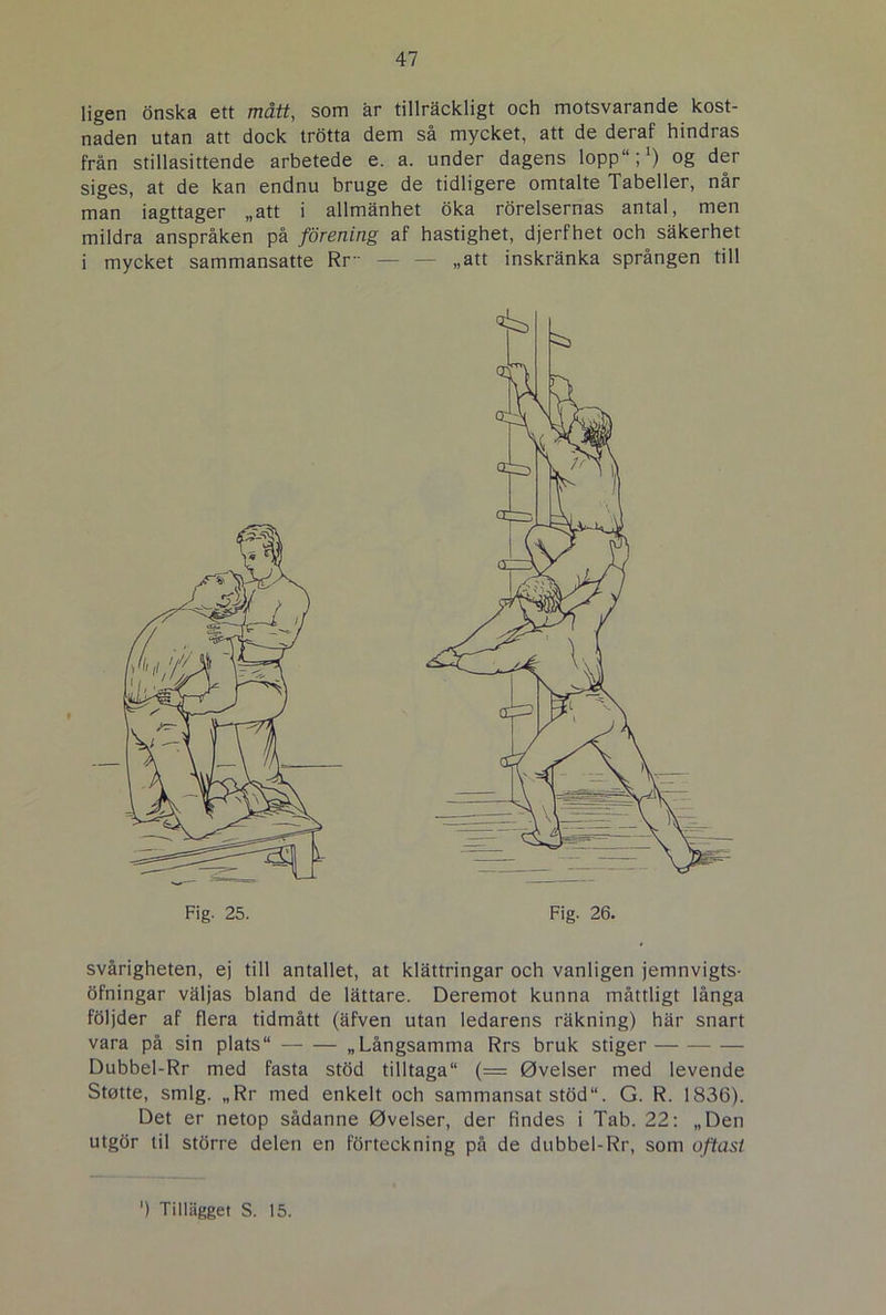 ligen onska ett mått, som år tillrackligt och motsvarande kost- naden utan att dock trotta dem så mycket, att de deraf hindras från stillasittende arbetede e. a. under dagens lopp11;1) og der siges, at de kan endnu bruge de tidligere omtalte Tabeller, når man iagttager „att i allmanhet oka rorelsernas antal, men mildra anspråken på forening af hastighet, djerfhet och sakerhet i mycket sammansatte Rr — — „att inskranka sprången till svårigheten, ej till antallet, at klattringar och vanligen jemnvigts- ofningar valjas bland de låttare. Deremot kunna måttligt långa foljder af flera tidmått (åfven utan ledarens rakning) har snart vara på sin plats“ „Långsamma Rrs bruk stiger Dubbel-Rr med fasta stod tilltaga (= Øvelser med levende Støtte, smig. „Rr med enkelt och sammansat stod. G. R. 1836). Det er netop sådanne Øvelser, der findes i Tab. 22: „Den utgor til stdrre delen en forteckning på de dubbel-Rr, som oftast