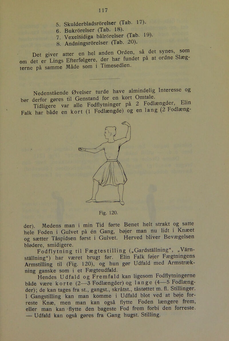 6. Bukrorelser (Tab. 18). 7. Vexelsidiga bålrorelser (Tab. 19). 8. Andningsrorelser (Tab. 20). Det giver atter en hel anden Orden, så _det synes, som om det er Lings Efterfølgere, der har fundet pa at ordne Slæg- terne på samme Måde som i Timesedlen. Nedenstående Øvelser turde have almindelig Interesse og bør derfor gøres til Genstand for en kort Omtale. Tidligere var alle Fodflytninger pa 2 Fodlængder Elin Falk har både en kort (1 Fodlængde) og en lang (2 Fodlæng- der). Medens man i min Tid førte Benet helt strakt og satte hele Foden i Gulvet på én Gang, bøjer man nu lidt i Knæet og sætter Tåspidsen først i Gulvet. Herved bliver Bevægelsen blødere, smidigere. Fodflytning til Fægtestilling („Gardstallning“, „Vårn- stallning) har været brugt før. Elin Falk føjer Fægtningens Armstilling til (Fig. 120), og hun gør Udfald med Armstræk- ning ganske som i et Fægteudfald. Hendes Udfald og Fremfald kan ligesom Fodflytningerne både være korte (2—3 Fodlængder) og lange (4—5 Fodlæng- der); de kan tages fra st., gangst., skråtst., tåstøttet m. fl. Stillinger. 1 Gangstilling kan man komme i Udfald blot ved at bøje for- reste Knæ, men man kan også flytte Foden længere frem, eller man kan 'flytte den bageste Fod frem forbi den forreste. — Udfald kan også gøres fra Gang hugst. Stilling.