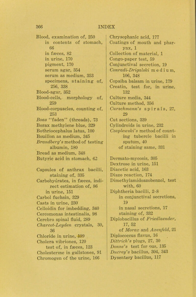 Blood, examination of, 250 in Contents of stomach, 66 in faeces, 82 in urine, 170 pigment, 170 serum agar, 354 Serum as medium, 353 specimens, staining of, 256, 338 Blood-agar, 352 Blood-cells, morphology of, 259 Blood-corpuscles, counting of, 253 Boas “faden” (threads), 73 Borax methylene blue, 329 Bothriocephalus latus, 100 Bouillon as medium, 345 Brandberg’s method of testing albumin, 180 Bread as medium, 348 Butyric acid in stomach, 62 Capsules of anthrax bacilli, staining of, 335 Carbohydrates, in faeces, indi- rect estimation of, 86 in urine, 151 Carbol fuchsin, 329 Casts in urine, 230 Celloidin for imbedding, 340 Cercomonas intestinalis, 98 Cerebro spinal fluid, 289 Charcot-Leyden crystals, 30, 36 Chloride in urine, 199 Cholera vibriones, 120 test of, in faeces, 123 Cholesterine in gallstones, 91 Chromogen of the urine, 166 Chrysophanic acid, 177 Coatings of mouth and phar- ynx, 1 Collection of material, 1 Congo-paper test, 59 Conjunctival secretion, 19 Conradi-Drigalski medium, 106, 348 Copaiba balsam in urine, 179 Creatin, test for, in urine, 132 Culture media, 344 Culture method, 356 Curschmann’s s p i r a 1 s, 27, 29 Cut sections, 339 Cylindroids in urine, 232 Czaplewski’s method of count- ing tubercle bacilli in sputum, 40 of staining same, 331 Dermato-mycosis, 305 Dextrose in urine, 151 Diacetic acid, 163 Diazo reaction, 174 Dimethylamidoazobenzol, test with, 60 Diphtheria bacilli, 2-8 in conjunctival secretions, 19 in nasal secretions, 17 staining of, 332 Diplobacillus of Friedlaender, 17, 52 of Morax and Axenfeld, 21 Diplococcus flavus, 16 Dittrich’s plugs, 27, 30 Donne’s test for ous, 135 Ducrey’s bacillus, 304, 343 Dysentery bacillus, 117