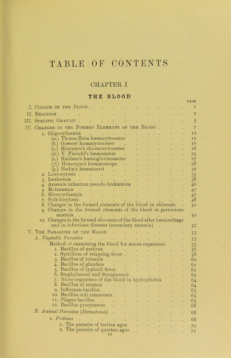 TABLE OF CONTENTS CHAPTER I THE BLOOD I. COLODR OP THE BlOOD PAGE I II. Reaction III. Specific Gravitv . IV. ChANGES in THE FORMED ELEMENTS OF THE BlOOD . 1. Oligocytheemia (a.) Thoma-Zeiss hsemacytometer (b.) Gowers’ hajmacytoineter ...... (c.) Bizzozero’s chromocytoineter . . . . (d.) V. Fleischl’s hsemometer ...... (e.) Haldane’s hEemoglobinometer . . . . . (/.) Henocque’s hiematoscope (ff.) Hedin’s haematocrit 2. Leucocytosis 3. Leukaemia 4. Ansemia infantum p.sendo-leukiemica 5. Melansemia 6. Microeythaemia 7. Poikilocytosis 8. Changes in the formed elements of the blood in chlorosis 9. Changes in the formed elements of the blood in pernicious ansemia IO. Changes in the formed elements of the blood after hsemorrhage and in iiifectious diseases (secondary ansemia) V. The Parasites of the Blood A. Veffetahle Parasites ....... Method of examining the blood for micro-organisms 1. Bacillus of anthrax 2. Spirillum of relapsing fever .... 3. Bacillus of tubercle 4. Bacillus of glanders 5. Bacillus of typhoid fever .... 6. Sfaphylococci and Streptococci 7. Micro-organisms of the blood in hydropbobia 8. Bacillus of tetanus ..... 9. lufluenza-bacillus 10. Bacillus coli communis 11. Plague bacillus 12. Bacillus pyocyaneus B. Animal Parasiles (Hiematozoa) ..... I. Protozoa ........ 1. The parasite of tertian ague 2. The parasite of quartan ague vil 5 7 IO 12 16 18 25 27 28 32 35 38 46 47 47 48 50 50 52 53 53 53 56 58 60 61 61 62 64 64 65 65 68 68 70 71