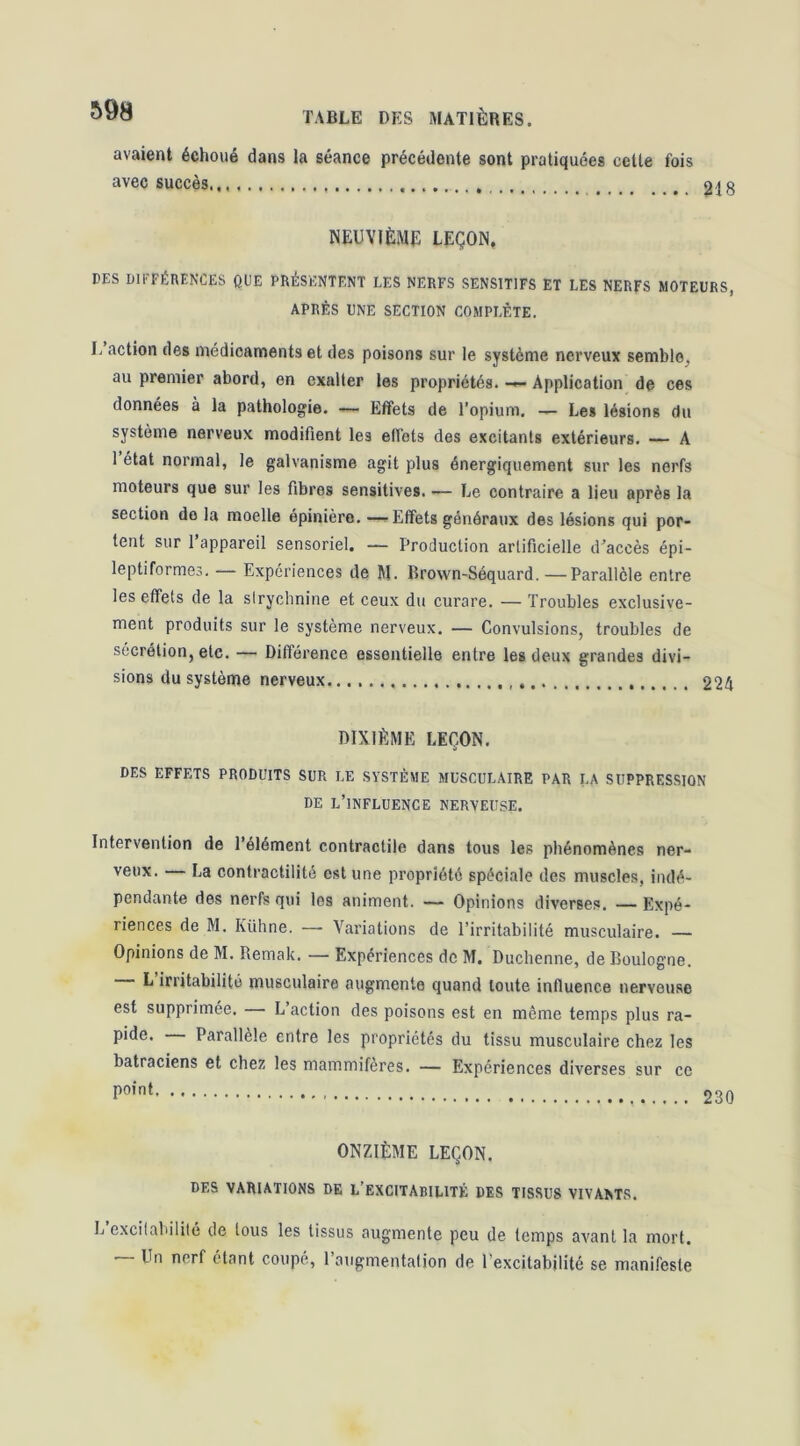 avaient échoué dans la séance précédente sont pratiquées cette fois avec succès. 21 g NEUVIÈME LEÇON, PES Dll'FÉRENCES QUE PRÉSENTENT LES NERFS SENSITIFS ET LES NERFS MOTEURS, APRÈS UNE SECTION COMPLÈTE. L action des médicaments et des poisons sur le système nerveux semble, au premier abord, en exalter les propriétés. Application de ces données à la pathologie. — Effets de l’opium. — Les lésions du système nerveux modifient les effets des excitants extérieurs. — A 1 état normal, le galvanisme agit plus énergiquement sur les nerfs moteurs que sur les fibres sensitives. — Le contraire a lieu après la section do la moelle épinière. —Effets généraux des lésions qui por- tent sur l’appareil sensoriel. — Production artificielle d’accès épi- leptiformes. — Expériences de M. Brown-Séquard. —Parallèle entre les effets de la sirychnine et ceux du curare. — Troubles exclusive- ment produits sur le système nerveux. — Convulsions, troubles de sécrétion, etc. — Différence essentielle entre les deux grandes divi- sions du système nerveux. 224 DIXIÈME LEÇON. DES EFFETS PRODUITS SUR LE SYSTÈME MUSCULAIRE PAR LA SUPPRESSION DE l’influence NERVEUSE. Intervention de l’élément contractile dans tous les phénomènes ner- veux. — La contractilité est une propriété spéciale des muscles, indé- pendante des nerfs qui les animent. Opinions diverses. — Expé- riences de M. Kühne. — Variations de l’irritabilité musculaire. — Opinions de M. Remak. — Expériences de M. Duchenne, de Boulogne. L irritabilité musculaire augmente quand toute influence nerveuse est supprimée. — L’action des poisons est en même temps plus ra- pide. Parallèle entre les propriétés du tissu musculaire chez les batraciens et chez les mammifères. — Expériences diverses sur ce point, ^ ^ 230 ONZIÈME LEÇON. DES VARIATIONS DE L’EXCITABILITÉ DES TISSUS VIVANTS. L excilabililé de tous les tissus augmente peu de temps avant la mort. Un nerf étant coupé, 1 augmentation de l’excitabilité se manifeste