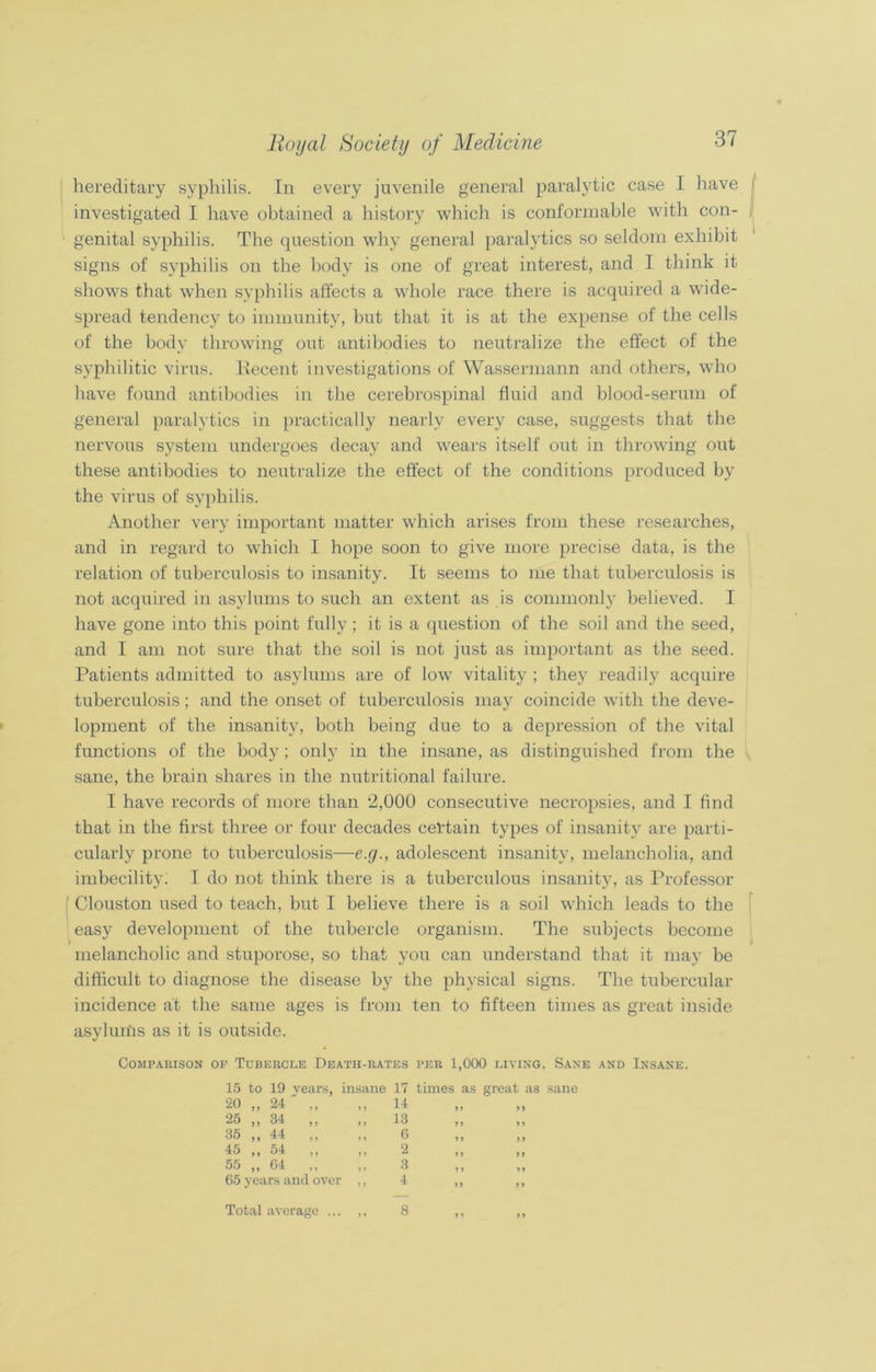 hereditary syphilis. In every juvenile general paralytic case I have investigated I have obtained a history which is conformable with con- genital syphilis. The question why general paralytics so seldom exhibit signs of syphilis on the body is one of great interest, and I think it shows that when syphilis affects a whole race there is acquired a wide- spread tendency to immunity, but that it is at the expense of the cells of the body throwing out antibodies to neutralize the effect of the syphilitic virus, liecent investigations of Wassermann and others, who have found antibodies in the cerebrospinal fluid and blood-serum of general paralytics in practically nearly every case, suggests that the nervous system undergoes decay and wears itself out in throwing out these antibodies to neutralize the effect of the conditions produced by the virus of syphilis. Another very important matter which arises from these researches, and in regard to which I hope soon to give more precise data, is the relation of tuberculosis to insanity. It seems to me that tuberculosis is not acquired in asylums to such an extent as is commonly believed. I have gone into this point fully; it is a question of the soil and the seed, and I am not sure that the soil is not just as important as the seed. Patients admitted to asylums are of low vitality ; they readily acquire tuberculosis; and the onset of tuberculosis may coincide with the deve- lopment of the insanity, both being due to a depression of the vital functions of the body; only in the insane, as distinguished from the sane, the brain shares in the nutritional failure. I have records of more than ‘2,000 consecutive necropsies, and I find that in the first three or four decades certain types of insanity are parti- cularly prone to tuberculosis—e.g., adolescent insanity, melancholia, and imbecility. I do not think there is a tuberculous insanity, as Professor Clouston used to teach, but I believe there is a soil which leads to the easy development of the tubercle organism. The subjects become melancholic and stuporose, so that you can understand that it may be difficult to diagnose the disease by the physical signs. The tubercular incidence at the same ages is from ten to fifteen times as great inside asylurfis as it is outside. Comparison op Tubercle Death-rates per 1,000 living, Sane and Insane. 15 to 19 jears, insane 17 times as great as sane 20 „ 24' „ y y 14 y y 25 „ 34 „ y y 13 y y •35 „ 44 „ y y 6 y y 45 „ 54 „ y y 2 y y 55 „ G4 ,, y y 3 y y 65 years and over y y 4 y y > 5 y y Total average ... 8