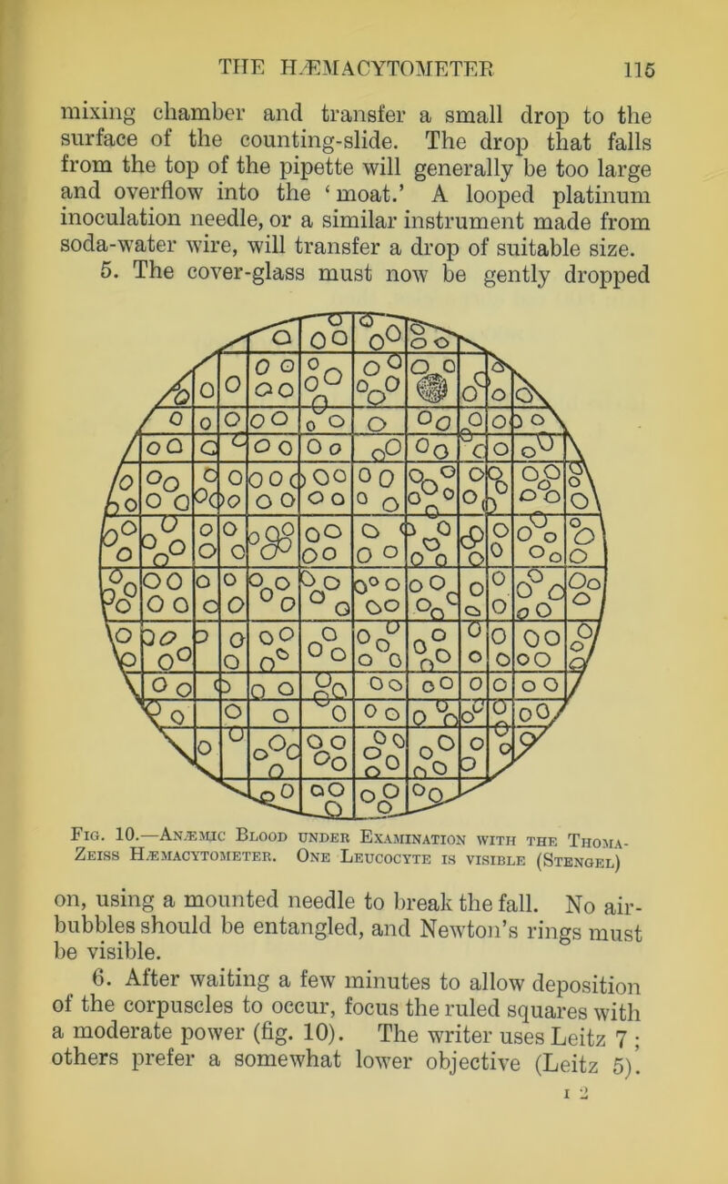 mixing chamber and transfer a small drop to the siirface of the counting-slide. The drop that falls from the top of the pipette will generally be too large and Overflow into the ‘ moat.’ A looped platinum inoculation needle, or a similar Instrument made from soda-water wire, will transfer a drop of suitable size. 5. The cover-glass must now be gently dropped oo lo o o 0 0 0 O oo oO n o° °Q° (^0 0*^ 1 o / 0 0 o oo oO o Oo 0 o oO G c o 0 Oo oO Oo c o o'ö p o 0 c 0( 0 )0 00( o o ),00 Io o 00 ° o O O Pi o O o o o \ o\ Lo \o ü o o o 0 oo oo o < 0 o a 0 o 0 0 cP 0 o 0 Cpo Oo h\ o b'o OO 0 o o c o 0 ö o °o 0 0 0 Ci 0 o 0^ o o O Oo o 1 V DO oO D 0 o OO O°o O 0 °0O ü o 0 o oo OO bl of Oo ( 0 o qO Oo oO 0 o o O \ 0 o o ^0 0 o Q 0-' ü oO/ 0 u oOd 0 o o Oo no o D u o LqO DO Oq^ Fig. 10.—Anz-ejuc Blood under Examination with THE Thoma Zeiss H.emacytojieter. One Leücocyte is visible (Stengel) on, using a mounted needle to break the fall. No air- bubbles should be entangled, and Newton’s rings must be visible. 6. After waiting a few minutes to allow deposition of the corpuscles to occur, focus the ruled squares with a moderate power (fig. 10). The writer uses Leitz 7 ; others prefer a somewhat lower objective (Leitz 5)’. I -j