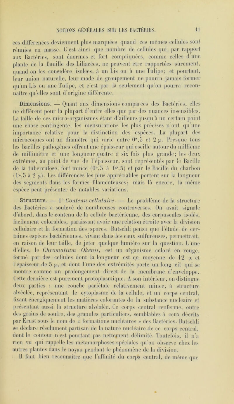 cos diiïoroncos dovionnont ])liis in;ii([uôos (junnd cos iiicmos coilidos sont rôiuiics on masse. C’ost ainsi qiio noinhi'o do colhdos (jiii, par capj)orf aux üactôcios, sont énoiinos ol loit coinpli(piéos, connno collos d’iino plante do la {“ainillo des Liliacéos. no j)onvont (Mro ra|)|)or((i*os siiroinont, (piand on les consicU'co isoiï'os, à nn Lis on à imo Tidi|)o; et |H)iirtant, leur union naturelle, leur modo do gronpomont no ponri‘a jamais rormor (jn’im Lis on une Tnli|)o, et cM’st par là sonlomont (pi’on pourra recon- naître fpi’elles sont d’orij^ine dillV'renle. Dimensions. — Quant aux dimensions compait'es des liacléries. elh's ne dilVèrenI pour la plupart d’entre elles (fiie jiar des nuances insensibles. La taille de cos micro-organismes (Mant d’aillonrs jns(pi’à nn coiàain ])oint une clioso contingente', les nu'nsnrations les |)lns pia'cisos n’ont (pi’imo importance relative pour la distinction des os|)èces. La |)lnpart des microco(pies ont nn diamètre (pii varie entre t)i‘,5 et 2 g. Prosipie tons les bacilles pathogènes onVentnne épaissc'iir (jiii oscille antonrdn millième de millimètre et une longueur (jnatre à six l'ois pins gi-ande; les deux extrêmes, an point de vue de l’épaisseur, sont repi'ésentés par !(' Jlacille de la tnliercidose, foi t mince à 0\5) et ]iai‘ le bacille dn charbon ( li*,^ à 2 ;j.). Les dilTérences les pins ap|)réciables portent sur la longueur des s('gments dans les formes lilamentc'iises; mais là encore', la mèim' espèce peut présenter de notables variations. Structure. — 1“ Contenu cellulaire. — Le problènuî de la sti nctnn' des Bactéries a soulevé de nombreuses controverses. On avait signalé d’abord, dans le contenu de la cellnle bactérienne, des corpusenles isolés, facib'UH'nt colorables, jiaraissant avoir une relation étroite avec la division celbilaire et la formation des s|)ores. Biitscbli (lensa (|iie l étiide de cer- taines espèces bactériennes, vivant dans les eaux sidfnreusi's, |)ernu'ttrait, en raison de leur taille, de jeter (piebpie Imnière sur la (piestion. L'une d’elles, le Cliroinaliuiu 01:enii, est nn organisme coloré en ronge, formé par d('s cellules dont la longiu'iir est en moyenne de 12 [;, et répaiss('in' de 5 g, et dont l’une des extrémités port(' nn long cil (pii se montre comme nn prolongement direct de la membrane d'envelojipe. Cette dernièra' est jmrenient protoplasmicpie. A son intérieur, on distingue deux [lartii's : une conebe pariétale relativement minc(', à structure alvéolée, représentant le cytoplasme de la cellnle, et nn cor|)s central, li.xant énergi(pi('ment les matièia's colorantes d(> la substance nucléaire et présentant aussi la strnetma' alvéolée. Ce corps central renferme, outre (b's grains de soufre, des graimb's particuliers, senddabb's à cc'ux décrits par Ernst sons le nom de « formations nucléaires » des Bactéià('s. Bntscbli se déclare résobnnent |)artisan de la natmx' nncb'aire de c(' corps central, dont le contour n’est |)onrtant pas nett('jm'nt délimité. Tont('fois, il n';i rien vu (|iii rappelle les mélaniorpboses s|)éciales (pi'on observ(' chez les antres plaides dans le noyau pi'iidant b' phénomène de la division. Il faut bien reconnaître ipie l’aflinité dn corps centi’al, de meme (jiu'