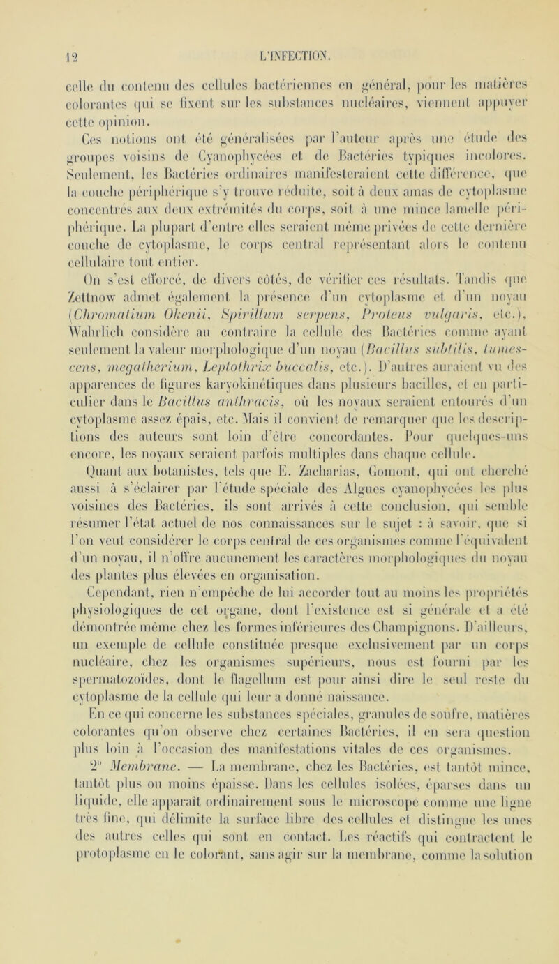 colle (lu C(Mitenu des cellules l)ad(‘riennes en gc'iKÎral, })our les malit'i'es colorantes (|ui se li.\:enl sur les sultsiances nuch'-aires, viennenl appuyer celte opinion. Ces notions ont (’‘t(''. <2,éiU‘i‘alis(''es par rauteui* après une (‘lud(' des j^TOupes voisins de Cyanopliycées et de J>acl(‘ries typi(pies incoloi'(>s. Seulement, les llactéries ordinaires inanilèslei’aient cette dilî'éia'nce, (pu* la concile péiâplu‘ri([iie s’y trouve réduite, soit à d('ux amas de cytojilasim' concentrés aux dcaix extrémités du corjis, soit à une mince lamelle |iéri- phéri([iie. La |)lnpai‘t d’i'iitre elles seraient mèmejirivécs d(! cette dniiiéri' concile de cytoplasme, le corps central rejirésentant alors le conti'iiii cellnlaii'e tout entier. On s’est elVorcé, de divers cmtés, de vcrilier ces résnltats. Tandis (pie Zettnow admet égalenu'iit la jirésence d’un cytojilasuie et d’un noyau [Chromatium Okcnii, Spirilhnn sci'pcns, Prolcus vulfiariH. etc.), NValirlicli considère au contraire la celluhî des Bactéries comme ayant seulement la valeur mor|)li()lo^i(pie d’un noyau {IPicilhis Huhlilis, hnnes- ccus, megalheriuDi, Lcplolhriæ buccalls, etc.). D’aiitix's aui‘aient vu des a|)parences de ligures karyokinétiipies dans jilusieurs bacilles, et (M1 parti- culier dans le BaciUus anlliracis, où les noyaux seraient entoui'és d’un cytoplasme assez épais, etc. Mais il convient de remarquer (jne les descrip- tions des auteurs sont loin d’étre concordantes. Bour (ju(‘l(pu‘s-uns encore, les noyaux seraient parfois multijiles dans chaque cclliilm Oiianl aux botanistes, tels (pie E. Zacbarias, (loniont, (pii ont eberebé aussi à s’éclairer ]>ar l’étude spéciale des xVlgues cyanopbycées b‘s jiliis voisines des Bactéries, ils sont arrivés à cette conclusion, (pii semble résumer l’état actuel de nos connaissances sur le sujet : à savoir, (jiie si l’on veut considéri'r le cor|)s centi*al d(> ces organismes comme réijiiivaleiit d’un noyau, il n’otïVe aucunement les caractères morpbologiipies du noyau des jilaiites jiliis élevées en organisation. Cependant, rien n’em]iècbe de lui accorder tout au moins les projiriétés })liysiologi(pies de cet organe, dont l’existence est si générale et a été démontrée même chez les formes intérieures des Cbampignons. B ailleurs, un ex(Mii|)lc de cellule constituée jiresipie exclusivement par un corps nucléaire, chez les organismes supérieurs, nous est fourni par les speiniatozoïdes, dont l(> llagidlum est |)oiir ainsi dire le seul reste du cytoplasme de la cellule (pii leur a donné naissanci'. En ce qui concerne les substances spéciales, granules de soufre, matiéros colorantes (pi’oii observe chez certaines Bactéries, il en sera ipiestion plus loin à l’occasion des manifestations vitales de ces organismes. P Membrane. — La membrane, chez les Bactéries, est tantijt mince, tantôt plus ou moins épaisse. Bans les cellules isolées, éparses dans un liipiide, ell(ï apparaît ordinairement sous le microscofie comme une ligne très liiK', (pii délimite la surface libre des cellules et distingue les unes des autres celles ipii sont en contact. Les ivactifs (pii contractent le protoplasme en le colorant, sans agir sur la membrane, comme lasolntion