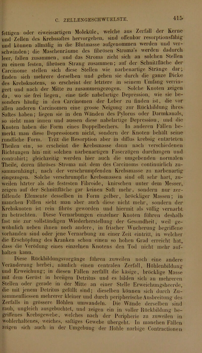 fettigen oder eiweissartigen Moleküle, welche aus Zerfall der Kerne und Zellen des Krebssaftes hervorgehen, sind offenbar resorplionsföhig und können allmälig in die Blutmasse aufgenommen werden und ver- schwinden ; die Maschenräume des fibrösen Stroma’s werden dadurch leer, fallen zusammen, und das Stroma zieht sich an solchen Stellen zu einem festen, fibrösen Strang zusammen; auf der Schnittfläche der Carcinome stellen sich diese Stellen wie narbenartige Stränge dar; finden sich mehrere derselben und gehen sie durch die ganze Dicke des Krebsknotens, so erscheint der letztere in seinem Umläng verrin- gert und nach der Mitte zu zusammengezogen. Solche Knoten zeigen da, wo sie frei liegen, eine tiefe nabelartige Depression, wie sie be- sonders häufig in den Carcinomen der Leber zu finden ist, die vor allen anderen Carcinomen eine grosse Neigung zur Rückbildung ihres- Saftes haben; liegen sie in den Wänden des Pylorus oder Darmkanals, so sieht man innen und aussen diese nabelartige Depression, und die Knoten haben die Form eines Doppelbechers. In anderen Fällen be- merkt man diese Depressionen nicht, sondern der Knoten behält seine rundliche Form. Tritt die Resorption aber in diffus krebsig entarteten Theilen ein, so erscheint die Krebsmasse dann nach verschiedenen Richtungen hin mit solchen narbenartigen Faserzügen durchzogen und conlrahirt; gleichzeitig werden hier auch die umgebenden normalen Theile, deren fibröses Stroma mit dem des Carcinoms continuirlich zu- sammenhängt, nach der verschrumpfenden Krebsmasse zu narbenartigr eingezogen. Solche verschrumpfle Krebsmassen sind oft sehr hart, zu- weilen härter als die festesten Fibroide, knirschen unter dem Messer, zeigen auf der Schnittfläche gar keinen Saft mehr, sondern nur zer- fallende Elemente desselben in Form gelber, bröckliger Massen; in manchen Fällen sieht man aber auch diese nicht mehr, sondern der Krebsknoten ist rein fibrös geworden und hiermit als völlig vernarbt zu betrachten. Diese Vernarbungen einzelner Knoten führen deshalb fast nie zur vollständigen Wiederherstellung der Gesundheit, weil ge- wöhnlich neben ihnen noch andere, in frischer Wucherung begriffene vorhanden sind oder jene Vernarbung zu einer Zeit eintritt, in welcher die Erschöpfung des Kranken schon einen so hohen Grad erreicht hat, dass die Verödung eines einzelnen Knotens den Tod nicht mehr auf- halten kann. Diese Rückbildungsvorgänge führen zuweilen noch eine andere Veränderung herbei, nämlich einen centralen Zerfall, Höhlenbildung und Erweichung; in diesen Fällen zerfällt die käsige, bröcklige Masse mit dem Gerüst in breiigen Detritus und es bilden sich an mehreren Stellen oder gerade in der Mitte an einer Stelle Erweichungsheerde, die mit jenem Detritus gefüllt sind; dieselben können sich durch Zu- satnmenfliessen mehrerer kleiner und durch peripherische Ausbreitung des Zerfalls in grössere Höhlen umwandeln. Die Wände derselben sind rauh, ungleich ausgebuchtet, und zeigen ein in voller Rückbildung be- griffenes Krebsgewebe, welches nach der Peripherie zu zuweilen in wohlerhaltenes, weiches, saftiges Gewebe übergeht. In manchen Fällen zeigen sich auch in der Umgebung der Höhle narbige Contractionen