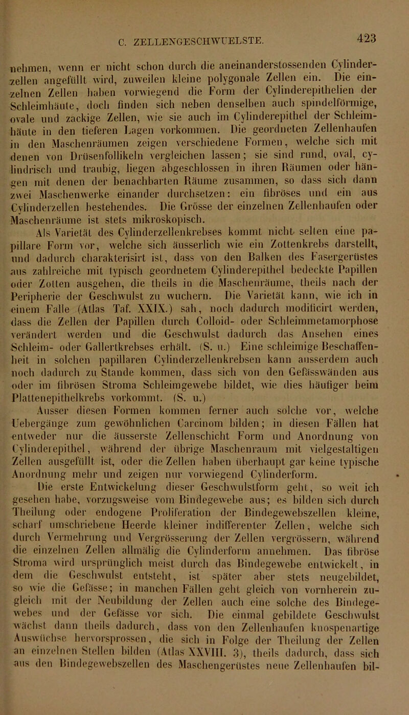 nehmen, wenn er nicht schon durch die aneinanderstossenden Cylinder- 7.ellen angefüllt wird, zuweilen kleine polygonale Zellen ein. Die ein- zelnen Zellen haben vorwiegend die Form der Cylinderepithelien der Schleimhäute, doch finden sich neben denselben auch spindelförmige, ovale und zackige Zellen, wie sie auch im Cylinderepithel der Schleim- häute in den tieferen Lagen Vorkommen. Die geordneten Zellenhaufen in den Maschenräumen zeigen verschiedene Formen, welche sich mit denen von Drüsenfollikeln vergleichen lassen; sie sind rund, oval, cy- lindrisch und traubig, liegen abgeschlossen in ihren Räumen oder hän- gen mit denen der benachbarten Räume zusammen, so dass sich dann zwei Maschenwerke einander durchsetzen: ein fibröses und ein aus Cylinderzellen bestehendes. Die Grösse der einzelnen Zellenhaufen oder Maschen räume ist stets mikroskopisch. Als Varietät des Cylinderzellenkrebses kommt nicht- seilen eine pa- pilläre Form vor, welche sich äusserlicli wie ein Zollenkrebs darstellt, und dadurch charakterisirt ist, dass von den Balken des Fasergerüstes aus zahlreiche mit typisch geordnetem Cylinderepilhel bedeckte Papillen oder Zollen ausgehen, die theils iu die Maschenräume, theils nach der Peripherie der Geschwulst zu wuchern. Die Varietät kann, wie ich in einem Falle (Atlas Taf. XXIX.) sah, noch dadurch moditicirt werden, dass die Zellen der Papillen durch Colloid- oder Schleimmetamorphose verändert werden und die Geschwulst dadurch das Ansehen eines Schleim- oder Gallertkrebses erhält. (S. u.) Eine schleimige Beschaffen- heit in solchen papillären Cylinderzellenkrebsen kann ausserdem auch noch dadurch zu Stande kommen, dass sich von den Gefässwänden aus oder im fibrösen Stroma Schleimgewebe bildet, wie dies häufiger beim Plattenepithelkrebs vorkommt. (S. u.) Ausser diesen Formen kommen ferner auch solche vor, welche Uebergäuge zum gewöhnlichen Carcinom bilden; in diesen Fällen hat entweder nur die äusserste Zellenschicht Form und Anordnung von Cylinderepilhel, während der übrige Maschenraum mit vielgestaltigen Zellen ausgefüllt ist, oder die Zellen haben überhaupt gar keine typische Anordnung mehr und zeigen nur vorwiegend Cylinderform. Die erste Entwickelung dieser Geschwulslform geht, so weit ich gesehen habe, vorzugsweise vom Bindegewebe aus; es bilden sich durch Theilung oder endogene Proliferation der Bindegevvebszellen kleine, scharf umschriebene Heerde kleiner indifferenter Zellen, welche sich durch Vermehrung und Vergrösserung der Zellen vergrössern, während die einzelnen Zellen allmälig die Cylinderform annehmen. Das fibröse Stroma wird ursprünglich meist durch das Bindegewebe entwickelt, in dem die Geschwulst entsteht, ist später aber stets neugebildet, so wie die Gebisse; in manchen Fällen geht gleich von vornherein zu- gleich mit der Neubildung der Zellen auch eine solche des Bindege- webes und der Gefässe vor sieb. Die einmal gebildete Geschwulst wächst dann llieils dadurch, dass von den Zellenhaufen knospenartige Auswüchse hervorsprossen, die sich in Folge der Theilung der Zellen an einzelnen Stellen bilden (Atlas XXVIII. 3), theils dadurch, dass sich aus den Bindegewebszellen des Maschengerüstes neue Zellenhaufen bil-