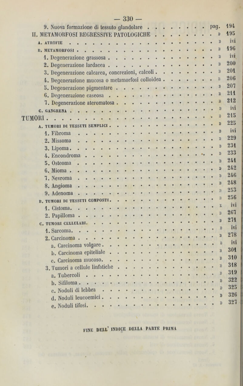 9. INuova formazione di lessuto glandolare pag. II. METAMORFOSI REGRESSIVE PATOLOGICIIE . A. ATROFIE IS. METAMORFOSI 1. Dcgenerazionc grassosa 2. Degenerazione lardacea 3. Degenerazione calcarea, concrezioni, calcoli. 4. Degenerazione mucosa o inetamorfosi colloidea 5. Degenerazione pigmeniare G. Degenerazione caseosa 7. Degenerazione ateromatosa C. GANGRENA TUMORI A. TUMORI DI TESSUTI SEMPLICI 1. Fibroma 2. Missoma 3. Lipoma 4. Encondroma 5. Osteoma G. Mioma 7. Nevroma 8. Angioma 9. Adenoraa B. TUMORI DI TESSUTI COMPOSTI 1. Cistoma 2. Papilloma C. TUMORI CELLDLARI 1. Sarcoma 2. Carcinoma a. Carcinoma volgare b. Carcinoma epileliale c. Carcinoma mucoso 3. Tumori a cellule linfaliche a. Tubercoli b. Sifiloma c. Noduli di lebbra d. Noduli leucoemici e. Noduli lifosi » » » )) » » » » » » » » » » » » » » » )) » )) » » » » » » » )) » » » » » 194 195 ivi 19G ivi 200 201 20G 207 211 212 ivi 215 225 ivi 229 231 233 241 242 246 248 253 256 ivi 2G7 271 • • ivi 278 ivi 301 310 318 319 322 325 326 327 FINE DELL’ INDICE DEILA PARTE PRIMA