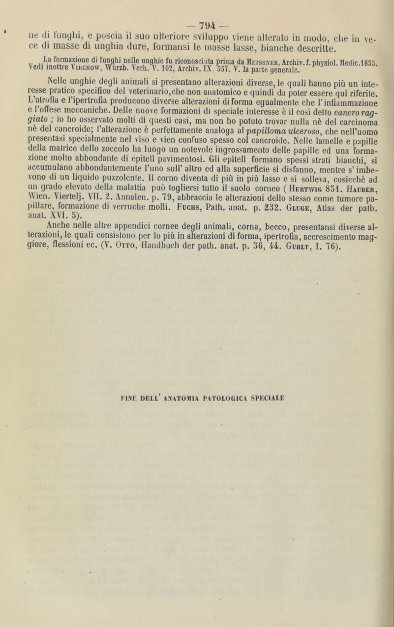 ne di t’unghi, e poscia i) suo ulteriore sviluppo vielte alteratu in modo, che in ve- ce di masse di unghia dure, formansi le masse lasse, bianche descritte. vo,i;L,anStr,^vi0^e di fu^hi uelle FSl^® ÜS riconosciuta prima da Meissner, Archiv.f. physiol. Medic.1853. Vedi mottre Virchow, Wurzb. Verh. V. 102, Archiv. IX. 531. V. la parte generale. Nelle unghie degli animali si presentano alterazioni diverse, le quali hanno piü un inte- resse pratico specifico del veterinario,che non anatomico e quindi da poler essere qui riferite. L’atrofia e Tipertrofia producono diverse alterazioni di forma egualmente che l’inüammazione e l’offese meccaniche. Delle nuove formazioni dt speciale inleresse e il cosi detlo ccmcrorag- giato ; io ho osseryato molti di questi casi, ma non ho potuto trovar nulla n6 del carcinoma ne del cancroide; 1’alterazione e perfetlamenle analoga al papilloma ulceroso, che nell’uomo presentasi specialmente nel viso e vien confuso spesso col cancroide. Nelle lamelle e papille della matrice dello zoccolo ha luogo un notevole ingrossamento delle papille ed una forma- zione molto abbondante di epiteli pavimentosi. Gli epileli formano spessi strati bianchi, si accumulano abbondantemente l’uno sull’ altro ed alla superficie si disfanno, mentre s’ imbe- vono di un liquido puzzolenle. II corno diventa di piü in piü lasso e si solleva, cosicche ad un grado elevato della malattia puö togliersi tutto il suolo corneo ( Hertwig 851. Hauber, Wien. \iertelj. VII. 2. Annalen, p. 19, abbraccia le alterazioni dello stesso come tumore pa- pilläre, formazione di verruche molli. Fuchs, Palh. anat. p. 232. Gluge, Atlas der path. anal. XVI. 5). F Anche nelle altre appendici cornee degli animali, corna, becco, presentansi diverse al- terazioni, le quali consistono per lo piü in alterazioni di forma, ipertrofia, accrescimento mag- giore, flessioni ec. (V. Otto, Handbuch der path. anat. p. 36, 44. Gurlt, I. 16). FJNF DELL’ ANATOM1A PATOLÜGICA SPF.C1ALF