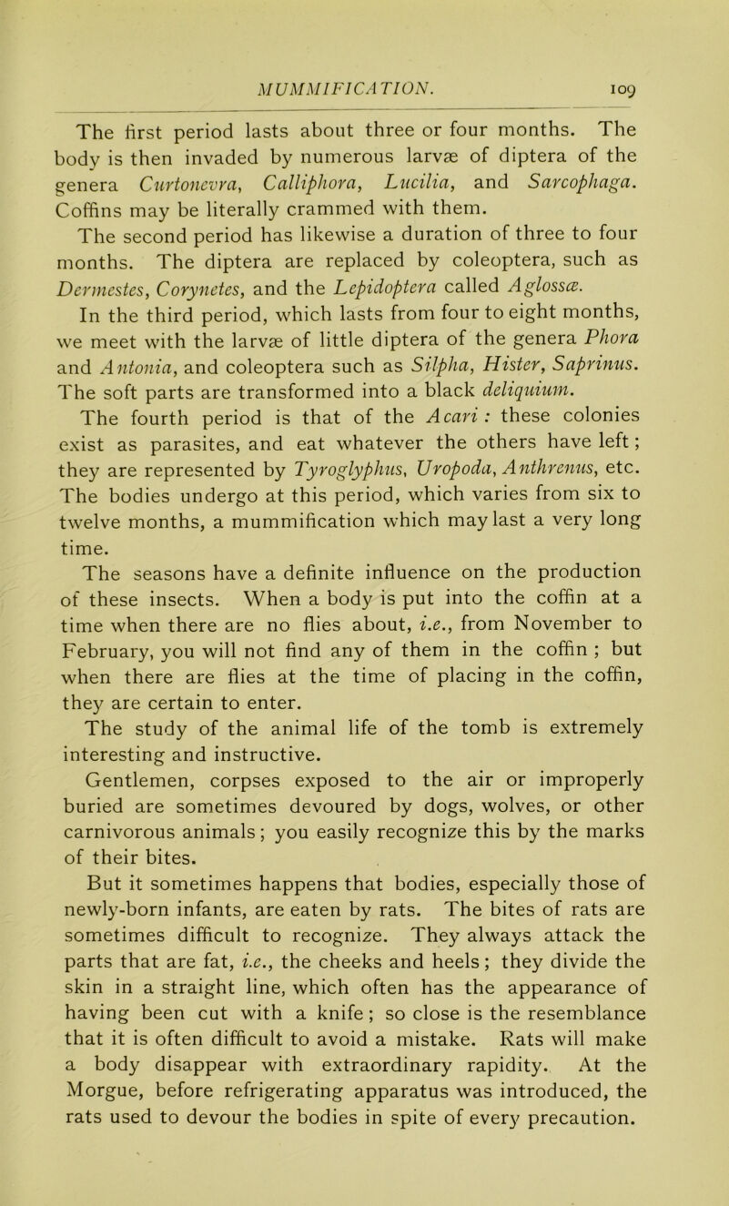 The hrst period lasts about three or four months. The body is then invaded by numerous larvæ of diptera of the çenera Curtonevya, CcillipJiora, Lucilia, and Sarcophaga. Coffins may be literally crammed with thein. The second period has likewise a duration of three to four months. The diptera are replaced by coleoptera, such as Devinestes, Corynetes, and the Lepidoptera called Aglossœ. In the third period, which lasts from four to eight months, we meet with the larvæ of little diptera of the généra Phora and Antonia, and coleoptera such as Srlpha, Hister, Saprinus. The soft parts are transformed into a black deliquium, The fourth period is that of the A cari : these colonies exist as parasites, and eat whatever the others hâve left ; they are represented by Tyroglyphîis, Uropoda, Anthre^ius, etc. The bodies undergo at this period, which varies from six to twelve months, a mummification which maylast a very long time. The seasons hâve a definite influence on the production of these insects. When a body is put into the coffin at a time when there are no Aies about, i.e., from November to February, you will not find any of them in the coffin ; but when there are Aies at the time of placing in the coffin, they are certain to enter. The study of the animal life of the tomb is extremely interesting and instructive. Gentlemen, corpses exposed to the air or improperly buried are sometimes devoured by dogs, wolves, or other carnivorous animais ; you easily recognize this by the marks of their bites. But it sometimes happens that bodies, especially those of newly-born infants, are eaten by rats. The bites of rats are sometimes difficult to recognize. They always attack the parts that are fat, i.e., the cheeks and heels ; they divide the skin in a straight line, which often has the appearance of having been eut with a knife ; so close is the resemblance that it is often difficult to avoid a mistake. Rats will make a body disappear with extraordinary rapidity. At the Morgue, before refrigerating apparatus was introduced, the rats used to devour the bodies in spite of every précaution.
