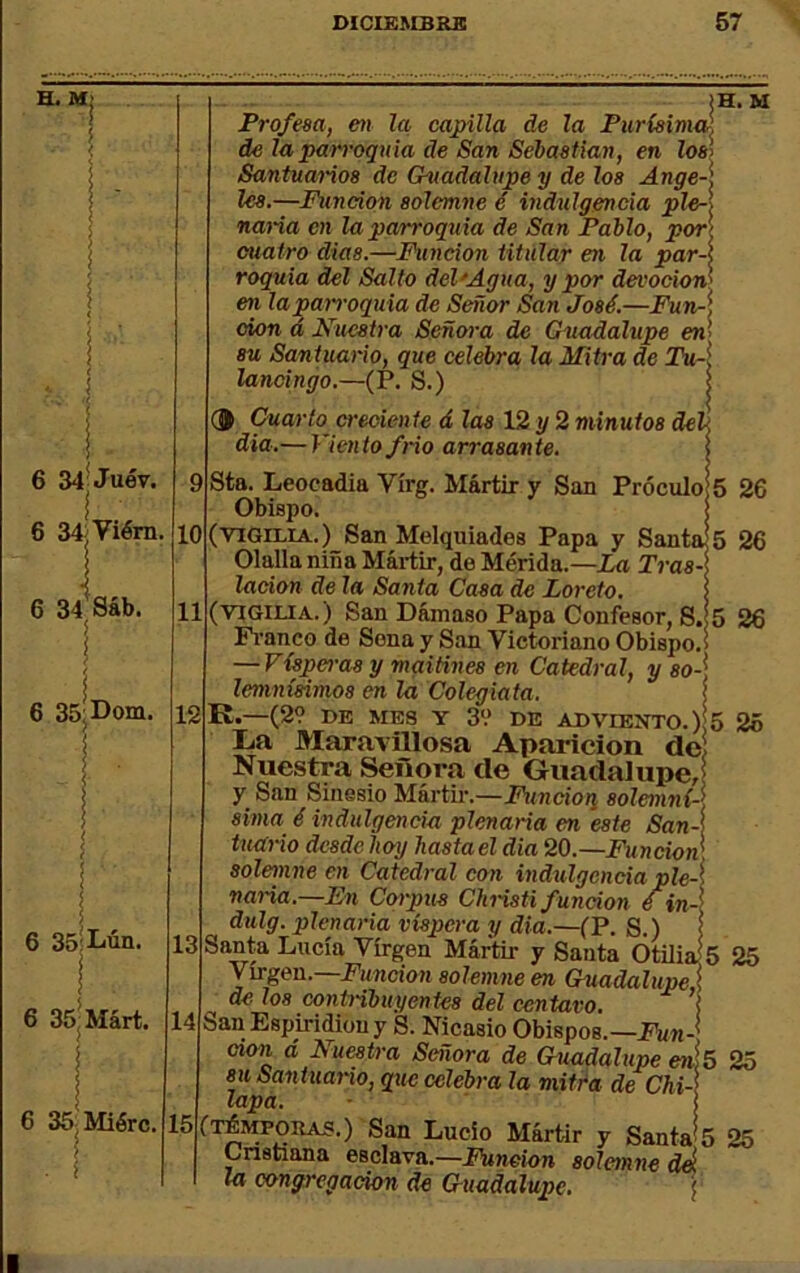 H. M 6 34-Juév. 6 34jViérn. 6 34 aáb. 6 35jDom. i 10 11 12 6 35;Lún. 6 35jMárt. 6 35;Miórc. . í 13 14 15 Profesa, en la, capilla de la PurísinM de la parroquia de San Sebastian, en los\ Santuarios de Chmdalupe y de los Ange-\ les.—Función solemne é indulgencia ple-\ naria en la parroquia de San Pablo, por] cuatro dias.—Función titular en la parA roquia del Salto del'Agua, y por devoción^ en la parroquia de Señor San José.—Fun-\ don á Nuestra Señora de Guadalupe en', su Santuario, que celebra la Mitra de TÍu-Í lancingo.—(P. S.) I Cuarto creciente á las 12 y 2 minutos deli dia.— Viento/rio arrasante. | Sta. Leocadia Vírg. Mártir y San Próculoj Obispo. I (vigilia.) San Melquíades Papa y SantJ Olalla niña Mártir, de Mérida.—La Tras-\ ladon de la Santa Casa de Loreto. | (vigilia.) San Dámaso Papa Confesor, S.j Fi’anco de Sena y San Victoriano Obispo.! — Vísperas y maitines en Catedral, y so-\ lemnísimos en la Colegiata. í K.—(2? BE MES Y 39 DE ADVIENTO.) i La Maravillosa Aparición de Nuestra Señora de Guadalupe,! y San Sinesio Mártii'.—Fundo>i solenuií-] sima é indulgencia plenaria en este San-\ tuario desde hoy hastael dia 20.—Fundón^ solemne en Catedral con indulgenciaple-\ naria.—En Cojpus Christi fundón e in-¡ dulg. plenaria víspera y dia.—(P. S.) | Santa Lucía Virgen Mártir y Santa Otiliali Virgen.—P’iíMcto?! solemne en Guadalup^ de los conb-ibuyentes del centavo. ¡ San Espiridiou y S. Nicasio Obispos.— don á Nuestra Señora de Guadalupe en¡£ su Santuario, que celebra la mitéa de Chi-\ lapa. • ■ (témporas.) San Lucio Mártir y SantJs Cnstiana esclava.—Fundón solemne m la congregación de Guadalupe, j H. M 5 26 5 26 5 26 5 25 ) 25 ; 25 > 25