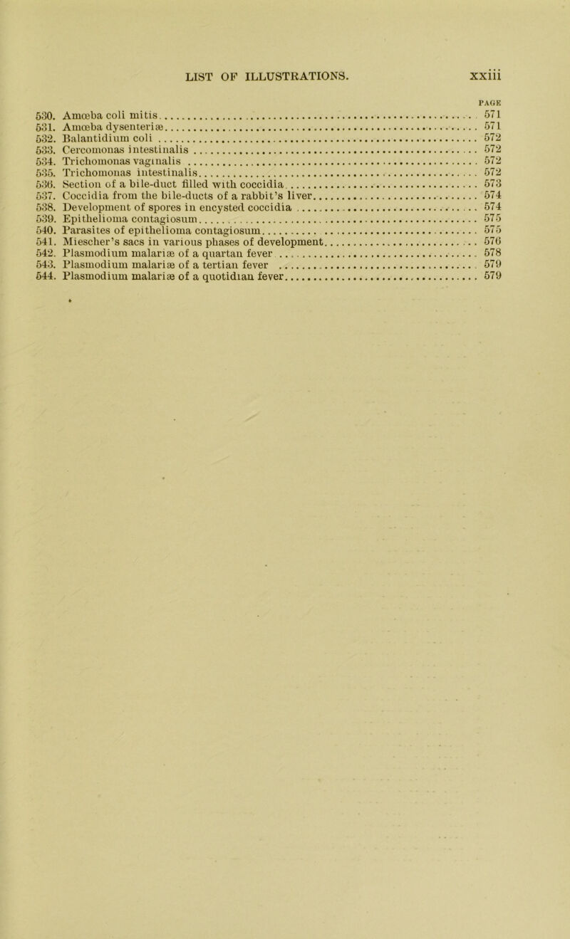 PAGE 530. Amceba coli mitis 571 531. Amceba dysenteriaä 571 532. Balantidium coli 572 533. Cercomonas intestinalis 572 534. Trichomonas vaginalis 572 535. Trichomonas intestinalis 572 536. Section of a bile-duct filled witli coccidia 573 537. Coccidia from the bile-ducts of a rabbit’s liver 574 538. Development of spores in encysted coccidia 574 539. Epithelioma contagiosum 575 540. Parasites of epithelioma contagiosum 575 541. Miescher’s sacs in various phases of development 576 542. Plasmodium malarise of a quartan fever 578 543. Plasmodium malariae of a tertian fever 579 544. Plasmodium malariae of a quotidian fever 579