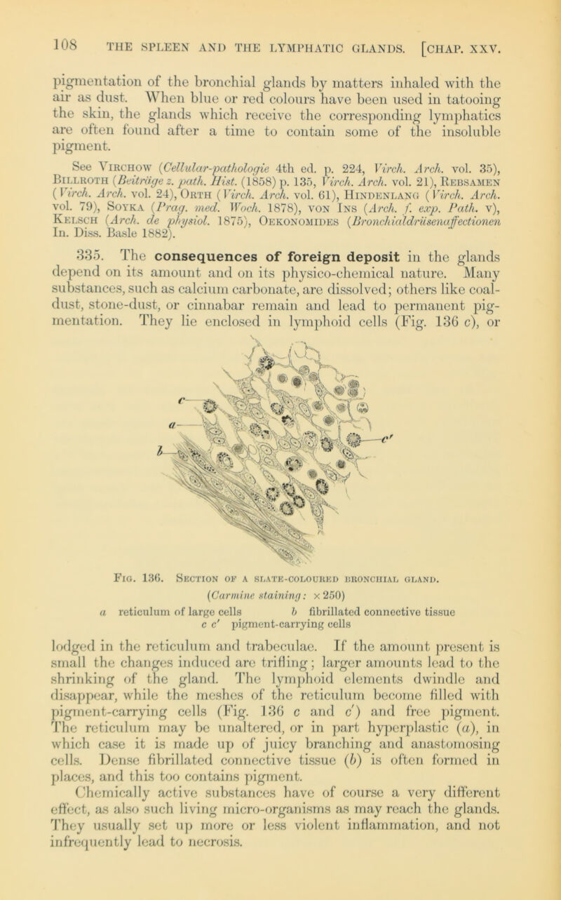 pigmentation of the bronchial glands by matters inhaled with the air as dust. When blue or red colours have beeil used in tatooing the skin, the glands which receive the corresponding lymphatics are ölten found after a time to contain some of the insoluble pigment. See Virchow (Cellular-pathologie 4th ed. p. 224, Virch. Arch. vol. 35), Billroth {Beiträge z. path. Hist. (1858) p. 135, Virch. Arch. vol. 21), Rebsamen {Virch. Arch. vol. 24), Orth (Virch. Arch. vol. 61), Hindenlang ( Virch. Arch. vol. 79), Soyka {Prag. med. Wach. 1878), von Ins {Arch. f exp. Path. v), Kelsch {Arch. de physiol. 1875), Oekonomides {Bronchialdrüsenaffectionen In. Diss. Basle 1882). 335. The consequences of foreign deposit in the glands depend on its amount and on its physico-chemical nature. Many substances, such as calcium carbonate, are dissolved; others like coal- dust, stone-dust, or cinnabar remain and lead to permanent pig- mentation. They lie enclosed in lymphoid cells (Fig. 136 c), or Fig. 136. Section oe a slate-coloured BRONCHIAL GLAND. {Garmine staining: x 250) a reticulum of large cells b fibrillated conncctive tissue c c' pigment-carrying cells lodged in the reticulum and trabeculae. If the amount present is small the changes induced are triding; larger amounts lead to the shrinking of the gland. The lymphoid elements dwindle and disappear, while the meshes of the reticulum become filled with pigment-carrying cells (Fig. 136 c and c) and free pigment. The reticulum may be unaltered, or in part hyperplastic (a), in which case it is made up of juicy branching and anastomosing cells. Dense fibrillated connective tissue (b) is offen formed in places, and this too contains pigment. Chemically active substances have of course a very different effect, as also such living micro-organisms as may reach the glands. They usually set up more or less violent inflammation, and not infrequently lead to necrosis.