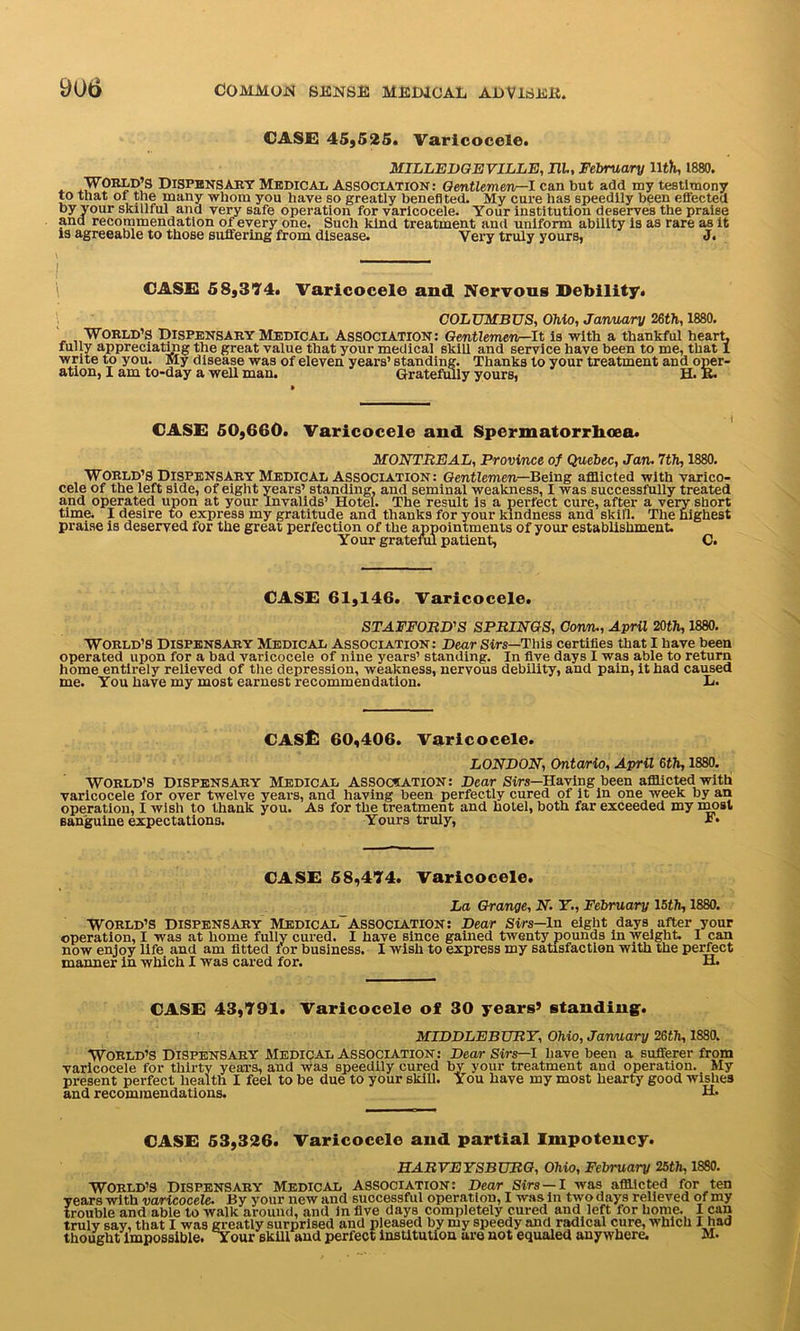 CASE 45)525. Varicocele. MILLEDGEVILLE, III, February lltH, 1880. World’s Dispensary Medical. Association: Gentlemen—1 can but add my testimony to that oi the many whom you have so greatly benefited. My cure has speedily been effected by your skillful ana very safe operation for varicocele. Your institution deserves the praise and recommendation of every one. Such kind treatment and uniform ability is as rare as it is agreeable to those suffering from disease. Very truly yours, J. CASE 58)374. Varicocele and Nervous Debility. COLUMBUS, Ohio, January 26th, 1880. ' WORLD’S Dispensary Medical Association: Gentlemen—It i9 with a thankful heart, fully appreciating the great value that your medical skill and service have been to me, that X write to you. My disease was of eleven years’ standing. Thanks to your treatment and oner- ation, I am to-day a well man. Gratefully yours, H. K. CASE 50,660. Varicocele and Spermatorrhoea. MONTREAL, Province of Quebec, Jan. 7th, 1880. World’s Dispensary Medical Association: Gentlemen—Being afflicted with varico- cele of the left side, of eight years’ standing, and seminal weakness, I was successfully treated and operated upon at your Invalids’ Hotel. The result is a perfect cure, after a very short time. I desire to express my gratitude and thanks for your kindness and skill. The highest praise is deserved for the great perfection of the appointments of your establishment. Your grateful patient, C. CASE 61,146. Varicocele. STAFFORD'S SPRINGS, Conn., April 20th, 1880. World’s Dispensary Medical Association: Dear Sirs—This certifies that I have been operated upon for a bad varicocele of nine years’ standing. In five days 1 was able to return home entirely relieved of the depression, weakness, nervous debility, and pain, it had caused me. You have my most earnest recommendation. L. CASE 60,406. Varicocele. LONDON, Ontario, April 6th, 1880. WORLD’S DISPENSARY Medical ASSOCIATION: Dear Sirs—Having been afflicted(with varicocele for over twelve years, .and having been perfectly cured of it in one week by an operation, I wish to thank you. As for the treatment and hotel, both far exceeded my most sanguine expectations. Yours truly, E. CASE 58,474. Varicocele. La Grange, N. Y., February 15th, 1880. WORLD’S DISPENSARY MedicAL~ASSOCIATION: Dear Sirs—In eight days after your operation, I was at home fully cured. I have since gained twenty pounds in weight. I can now enjoy life and am fitted for business. I wish to express my satisfaction with the perfect manner in which I was cared for. H. CASE 43,791. Varicocele of 30 years’ standing. MIDDLEBURY, Ohio, January 26th, 1880. World’s Dispensary Medical Association: Dear Sirs—I have been a sufferer from varicocele for thirty years, and was speedily cured by your treatment and operation. My present perfect health I feel to be due to your skill. You have my most hearty good wishes and recommendations. H. CASE 53,326. Varicocele and partial Impotency. HARVEYSBURG, Ohio, February 25th, 1880. World’s Dispensary Medical Association: Dear Sirs —I was afflicted for ten years with varicocele. By your new and successful operation, I was In two days relieved of my trouble and able to walk around, and in five days completely cured and left for home. I can truly say, that I was greatly surprised and pleased by my speedy and radical cure, which I had thought impossible. Your skill and perfect institution are not equaled anywhere. M.