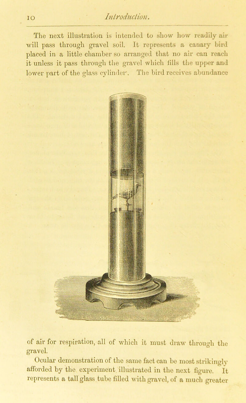 IO The next illusfcration i.s intended to sliow how readily air will pass through gravel soil. It represents a canary bird placed in a little chamber so arranged that no air can reaeh it unless it pass through the gravel wliich fills the upper and lower part of the glass cy linder. The bird receives abundance of air for respiration, all of which it must draw through the gravel. Ocular demonstration of the samefactcau be most strikingly afforded by the experiment illustrated in the next figure. It represents a tall glass tube filled with gravel, of a much greater