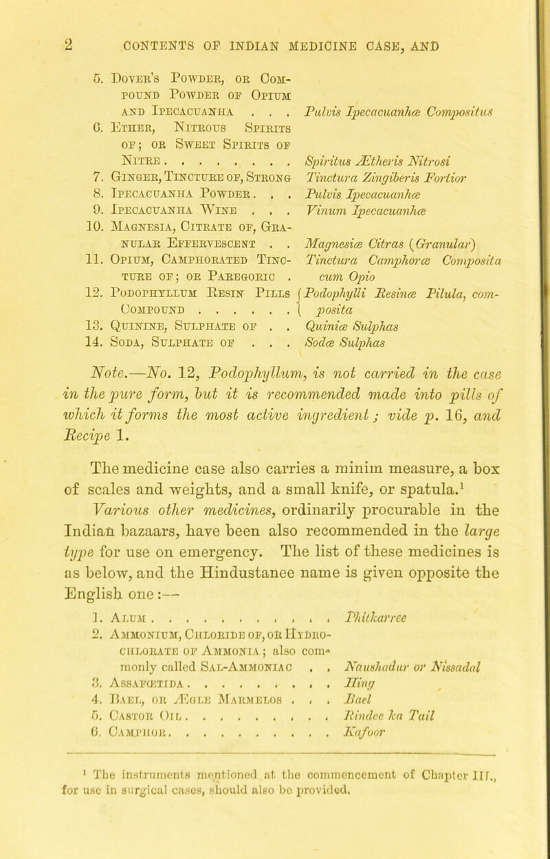 C. Dover’s Powder, or Oom- roEND Powder of Opium AND Ipecacuanha . . . G. Ether, Nitrous Spirits of; or Sweet Spirits op Nitre 7. Ginger, Tincture op. Strong 8. Ipecacuanha Powder. . . 9. Ipecacuanha Wine . . . 10. Magnesia, Citrate of. Gra- nular Effervescent . . 11. Opium, Camphorated Tinc- ture of; or Paregoric . 12. PODOPHXLLUM KeSIN PiLLS Compound 13. Quinine, Sulph^ate of . . 14. Soda, Sulphate of . . . Pulvis Ii^ecacmnhcb Compositus Spiritus JEtheris Nitrosi Tinctura Zingiberis Foriior Pulvis Ipecacuanhce Vinum Ipecacuanha Magnesia Citrus (Granular) Tinctura Camphor a Composita cum Opio PodophyUi Resina Pilula, com- posita Quinia Sulphas Soda Sulphas Note.—No. 12, Podophyllum, is not carried in the case in the pure form, hut it is recommended made into pills of which it forms the most active ingredient; vide p. 16, and Recipe 1. The medicine case also carries a minim measure, a box of scales and weights, and a small knife, or spatula.* Various other medicines, ordinarily procurable in the Indian bazaars, have been also recommended in the large type for use on emergency. The list of these medicines is as below, and the Hindustanee name is given opposite the English one:— L Alum Phitkarrce 2. Ammonium, Chloride of, or IItDro- ciilorate of Ammonia; also coni' monly culled Sal-Ammoniac . , Naushadur or Nissadal .3. As8AF(i;tida Iling 4. Da EL, OR yl'loLE Marmelos . . . Pad T). Castor Oil Rindee ka Tail 0, Camphor Kafoor ' The instnimcnts niontionod at the commencement of Chapter lir., for use in surgical ca.scs, should also be provided,