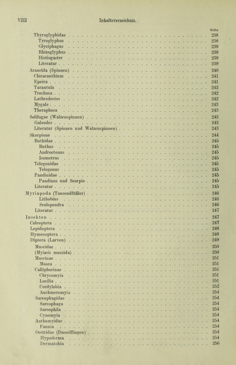 Seite Thyroglyphidae 238 Tyroglyphus 238 Glyciphagus 239 Khizoglyphus 239 Histiogaster 239 Literatur 239 Araneida (Spinnen) 240 Chiracanthium 241 Epeira 241 Tarantula 242 Trochosa 242 Lathrodectes 242 Mygale 243 Theraphosa 243 Solifugae (Walzenspinnen) 243 Galeodes 243 Literatur (Spinnen und Walzenspinnen) 243 Skorpione 244 Buthidae 245 Buthus 245 Androctonus 245 Isometrus 245 Telegonidae . 245 Telegonus 245 Pandinidae 245 Pandinus und Scorpio 245 Literatur 245 Myriapoda (Tausendfüßler) 246 Lithobius 246 Scolopendra 246 Literatur 247 Insekten 247 Coleoptera 247 Lepidoptera 248 Hymenoptera 248 Diptera (Larven) 249 Muscidae 250 (Myiasis muscida) 250 Muscinae 251 Musca 251 Calliphorinae 251 Chrysomyia 251 Lucilia 251 Cordylobia 252 Auchmeromyia 254 Sarcophagidae 254 Sarcophaga 254 Sarcophila 254 Cynomyia 254 Anthomyidae 254 Fannia 254 Oestridae (Dasselfliegen) 254 Hypoderma 254 Dermatobia 256