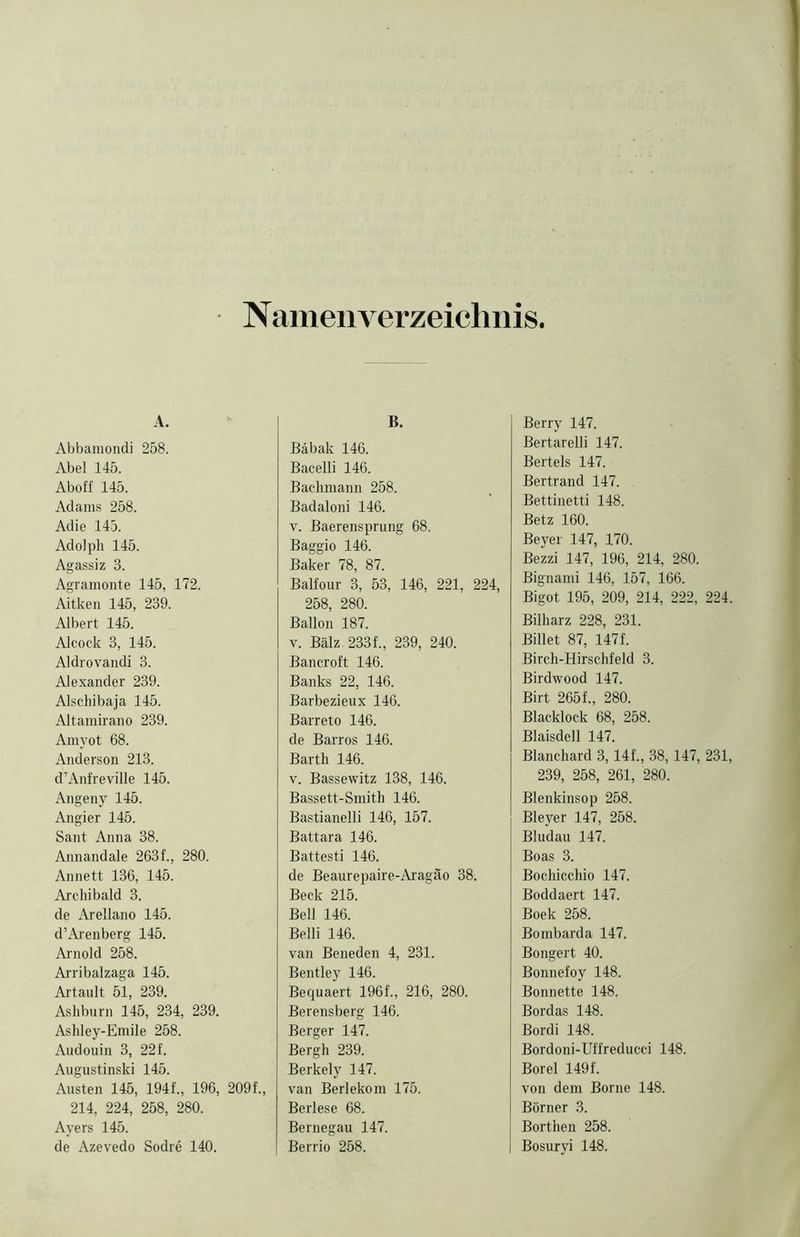Namenverzeichnis, A. Abbamondi 258. Abel 145. Aboff 145. Adams 258. Adie 145. Adolph 145. Agassiz 3. Agramonte 145, 172. Aitken 145, 239. Albert 145. Alcock 3, 145. Aldrovandi 3. Alexander 239. Alschibaja 145. Altamirano 239. Amyot 68. Anderson 213. d’Anfreville 145. Angeny 145. Angier 145. Sant Anna 38. Annandale 2631, 280. Annett 136, 145. Archibald 3. de Arellano 145. d’Arenberg 145. Arnold 258. Arribalzaga 145. Artault 51, 239. Ashburn 145, 234, 239. Ashley-Emile 258. Audouin 3, 221 Augustinski 145. Austen 145, 1941, 196, 2091, 214, 224, 258, 280. Ayers 145. de Azevedo Sodre 140. B. Bäbak 146. Bacelli 146. Bachmann 258. Badaloni 146. v. Baerensprung 68. Baggio 146. Baker 78, 87. Balfour 3, 53, 146, 221, 224, 258, 280. Ballon 187. v. Balz 2331, 239, 240. Bancroft 146. Banks 22, 146. Barbezieux 146. Barreto 146. de Barros 146. Barth 146. v. Bassewitz 138, 146. Bassett-Smith 146. Bastianelli 146, 157. Battara 146. Battesti 146. de Beaurepaire-Aragäo 38. Beck 215. Bell 146. Belli 146. van Beneden 4, 231. Bentley 146. Bequaert 1961, 216, 280. Berensberg 146. Berger 147. Bergh 239. Berkely 147. van Berlekom 175. Berlese 68. Bernegau 147. Berrio 258. Berry 147. Bertarelli 147. Bertels 147. Bertrand 147. Bettinetti 148. Betz 160. Beyer 147, 170. Bezzi 147, 196, 214, 280. Bignami 146, 157, 166. Bigot 195, 209, 214, 222, 224. Bilharz 228, 231. Billet 87, 1471 Birch-Hirschfeld 3. Birdwood 147. Birt 2651, 280. Blacklock 68, 258. Blaisdell 147. Blanchard 3,141, 38,147, 231, 239, 258, 261, 280. Blenkinsop 258. Bleyer 147, 258. Bludau 147. Boas 3. Bochicchio 147. Boddaert 147. Boek 258. Bombarda 147. Bongert 40. Bonnefoy 148. Bonnette 148. Bordas 148. Bordi 148. Bordoni-Uffreducci 148. Borei 1491 von dem Borne 148. Börner 3. Börthen 258. Bosuryi 148.