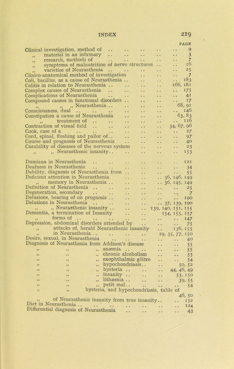 Clinical investigation, method of „ material in an infirmary „ research, methods of „ symptoms of malnutrition of nerve structures ,, varieties of Neurasthenia .. Clinico-anatomical method of investigation Coli, bacillus, as a cause of Neurasthenia . Colitis in relation to Neurasthenia .. Complex causes of Neurasthenia Complications of Neurasthenia Compound causes in functional disorders . ,, „ ,, Neurasthenia .. Consciousness, dual Constipation a cause of Neurasthenia „ treatment of .. Contraction of visual field Cook, case of a Cord, spinal, flushing and pallor of.. Course and prognosis of Neurasthenia Curability of diseases of the nervous system „ „ Neurasthenic insanity.. Damiana in Neurasthenia Deafness in Neurasthenia Debility, diagnosis of Neurasthenia from Deficient attention in Neurasthenia ,, memory in Neurasthenia Definition of Neurasthenia .. Degeneration, secondary Delusions, bearing of on prognosis Delusions in Neurasthenia .. ,, „ Neurasthenic insanity .. .. .. 139 Dementia, a termination of Insanity „ forms of .. Depression, abdominal disorders attended by „ attacks of, herald Neurasthenic insanity ,, in Neurasthenia .. Desire, sexual, in Neurasthenia Diagnosis of Neurasthenia from Addison’s disease ,, anaemia .. ,, chronic alcoholism „ exophthalmic goitre ,, hypochondriasis.. „ hysteria .. ,, insanity .. „ lithaemia .. „ petit mal.. hysteria, and hypochondriasis, ,, of Neurasthenic insanity from true insanity. Diet in Neurasthenia .. .. ' Diflerential diagnosis of Neurasthenia PAGE 9 3 7 16 25 7 .. 183 166, 181 .. 17s 41 17 68, 91 .. 146 63. 83 116 34, 67, 96 .. 27 97 .. 40 23 •• 153 121 34 •• 55 36, 146, 149 36, 14s, 149 25 7 .. 190 37. 139. 190 , 140, 151, 155 154. 155. 157 .. 147 •• 75 136,155 9. 35. 77. 150 40 55 55 55 54 50, 52 44. 46. 49 53. 150 39. 55 .. 54 table of 46, 50 .. 152 124 .. 43