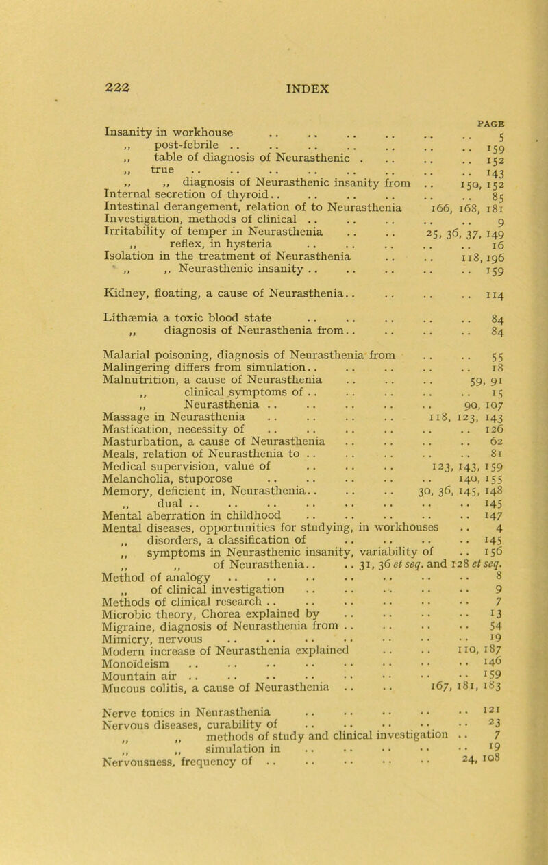 Insanity in workhouse ,, post-febrile .. ,, table of diagnosis of Neurasthenic . „ true „ ,, diagnosis of Neurasthenic insanity from Internal secretion of thyroid.. Intestinal derangement, relation of to Neurasthenia i66. Investigation, methods of clinical .. Irritability of temper in Neurasthenia .. .. 25, 36 ,, reflex, in hysteria Isolation in the treatment of Neurasthenia ■ ,, ,, Neurasthenic insanity .. Kidney, floating, a cause of Neurasthenia.. Lithaemia a toxic blood state „ diagnosis of Neurasthenia from.. Malarial poisoning, diagnosis of Neurasthenia from Malingering differs from simulation.. Malnutrition, a cause of Neurasthenia „ clinical .symptoms of .. ,, Neurasthenia .. Massage in Neurasthenia .. .. .. .. 118, Mastication, necessity of Masturbation, a cause of Neurasthenia Meals, relation of Neurasthenia to .. Medical supervision, value of .. .. .. 123, Melancholia, stuporose Memory, deficient in. Neurasthenia.. .. .. 30, 36, ,, dual .. Mental aberration in childhood Mental diseases, opportunities for studying, in workhouses ,, disorders, a classification of ,, symptoms in Neurasthenic insanity, variability of ,, ,, of Neurasthenia.. Method of analogy ,, of clinical investigation Methods of clinical research .. Microbic theory. Chorea explained by Migraine, diagnosis of Neurasthenia from Mimicry, nervous Modern increase of Neurasthenia explained Monoideism Mountain air .. Mucous colitis, a cause of Neurasthenia Nerve tonics in Neurasthenia Nervous diseases, curability of methods of study and clinical investigation ,, ,, simulation in Nervousness, frequency of .. PAGE S • 159 . 152 • 143 50, 152 • 85 168, 181 9 37. 149 16 18,196 159 114 84 84 55 18 31, 36 seq. and i 167, 59. 91 15 90, 107 123. 143 126 62 81 143. 159 140. 155 145. 148 .. 145 .. 147 4 .. 145 .. 156 28 et seq. 8 9 7 13 54 19 110, 187 .. 146 .. 159 181, 183 121 .. 23 7 19 24, 108