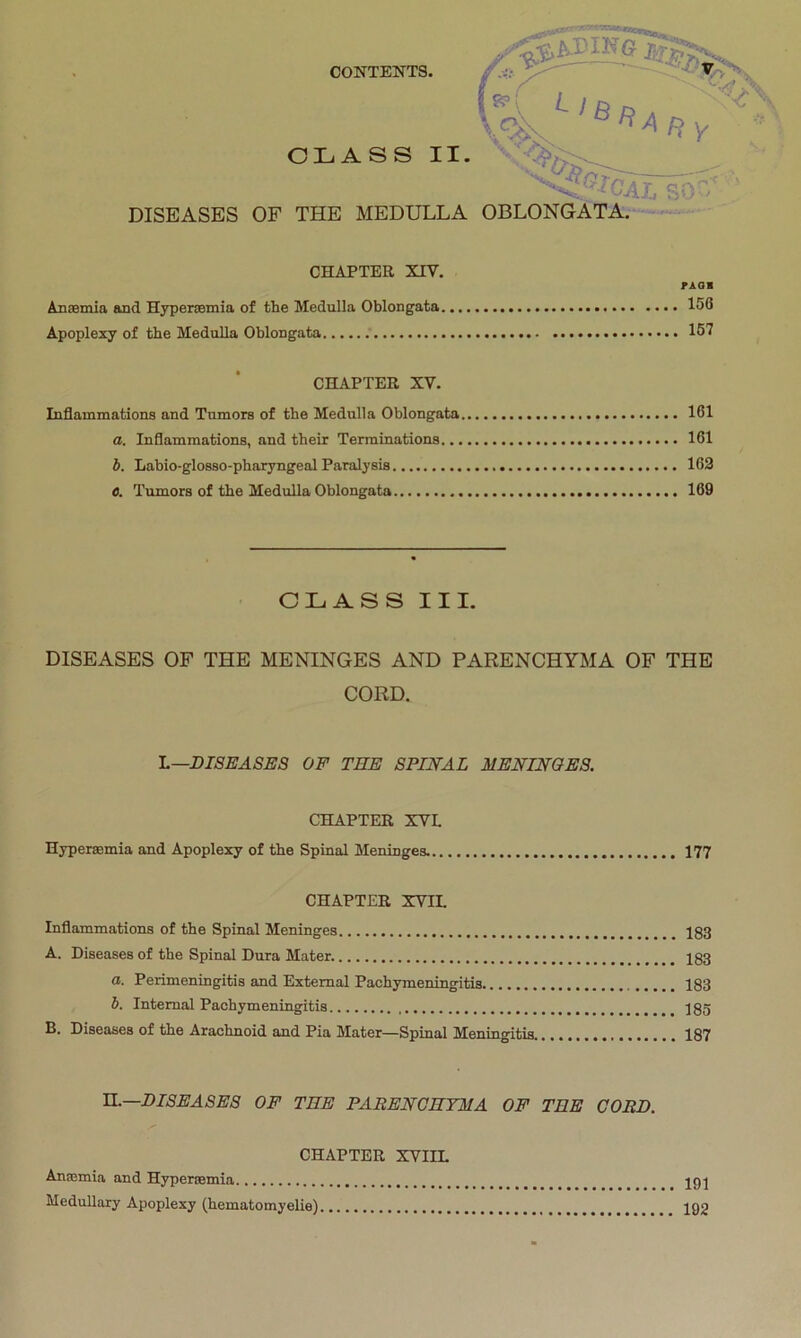 CLASS II. m. %4 ''cai, so- DISEASES OF THE MEDULLA OBLONGATA. CHAPTER XIV. PAGB Ansemia and Hypersemia of the Medulla Oblongata 156 Apoplexy of the Medulla Oblongata 157 CHAPTER XV. Inflammations and Tumors of the Medulla Oblongata 161 a. Inflammations, and their Terminations 161 b. Labio-glosso-pharyngeal Paralysis 162 0. Tumors of the Medulla Oblongata 169 CLASS III. DISEASES OF THE MENINGES AND PARENCHYMA OF THE CORD. L—DISEASES OF TEE SPINAL MENINGES. CHAPTER XV L Hypersemia and Apoplexy of the Spinal Meninges. 177 CHAPTER XVII. Inflammations of the Spinal Meninges 183 A. Diseases of the Spinal Dura Mater. 183 a. Perimeningitis and Extemal Pachymeningitis 183 b. Internal Pachymeningitis 185 B. Diseases of the Arachnoid and Pia Mater—Spinal Meningitis 187 II.—DISEASES OF TEE PARENOEYMA OF TEE CORD. CHAPTER XVIIL Anajmia and Hypersemia Medullary Apoplexy (hematomyelie)