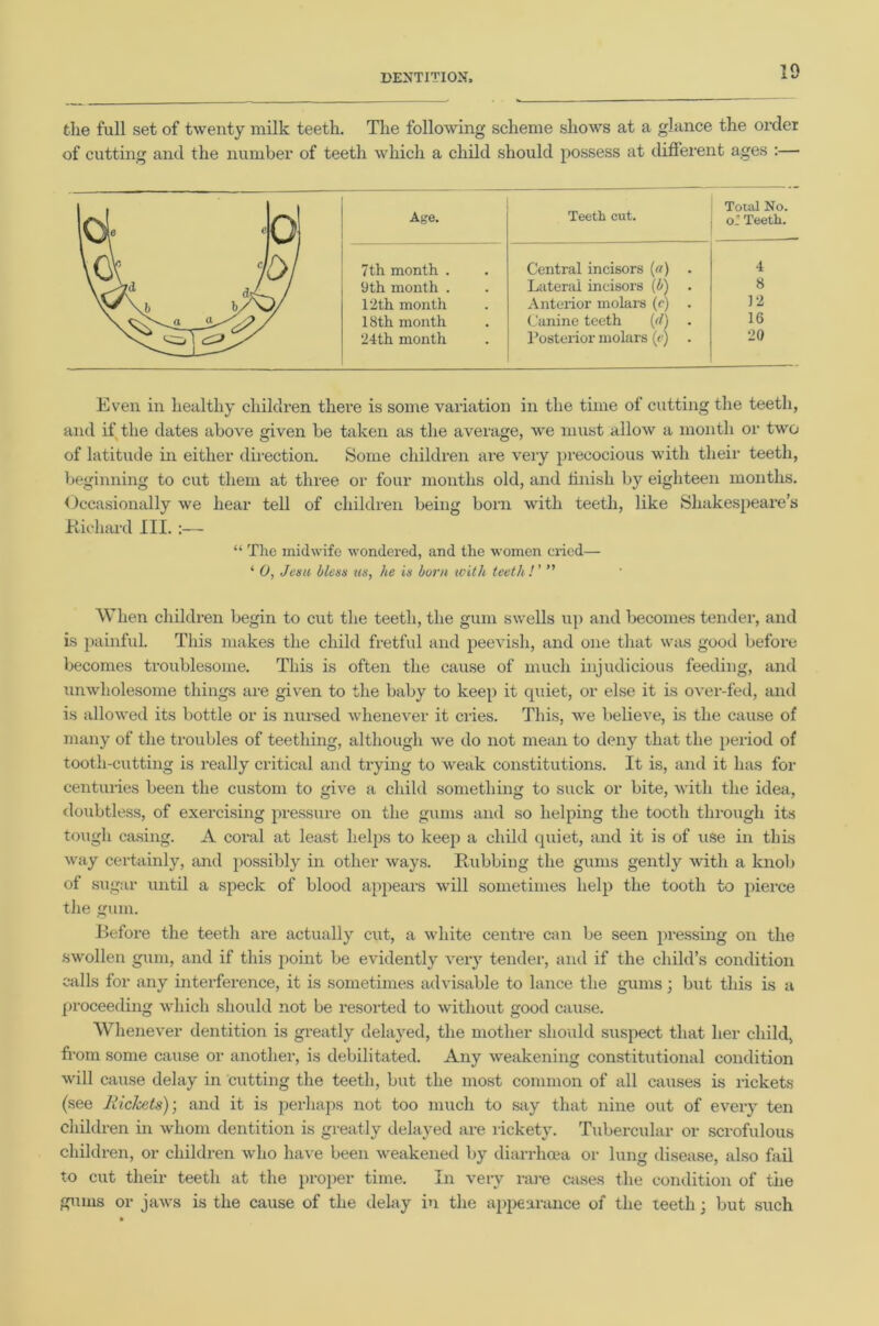 DENTITION, the full set of twenty milk teeth. The following scheme shows at a glance the order of cutting and the number of teeth which a child should possess at different ages :— Age. Teeth cut. Total No. o’ Teeth. 7th month . Central incisors (a) . 4 9th month . Lateral incisors (b) . 8 12th month Anterior molars (c) . 12 18th month Canine teeth (fl) . 16 24th month Posterior molars (<j 20 Even in healthy children there is some variation in the time of cutting the teeth, and if the dates above given be taken as the average, we must allow a month or two of latitude in either direction. Some children are very precocious with their teeth, beginning to cut them at three or four months old, and finish by eighteen months. Occasionally we hear tell of children being born with teeth, like Shakespeare’s Richard III. :— “ The midwife wondered, and the women cried— ‘ 0, Jesu bless us, he is burn with teeth ! ’ ” When children begin to cut the teeth, the gum swells up and becomes tender, and is painful. This makes the child fretful and peevish, and one that was good before becomes troublesome. This is often the cause of much injudicious feeding, and unwholesome things are given to the baby to keep it quiet, or else it is over-fed, and is allowed its bottle or is nursed whenever it cries. This, we believe, is the cause of many of the troubles of teething, although we do not mean to deny that the period of tooth-cutting is really critical and trying to weak constitutions. It is, and it has for centuries been the custom to give a child something to suck or bite, with the idea, doubtless, of exercising pressure on the gums and so helping the tooth through its tough casing. A coral at least helps to keep a child quiet, and it is of use in this way certainly, and possibly in other ways. Rubbing the gums gently with a knob of sugar until a speck of blood appears will sometimes help the tooth to pierce the gum. Before the teeth are actually cut, a white centre can be seen pressing on the swollen gum, and if this point be evidently very tender, and if the child’s condition calls for any interference, it is sometimes advisable to lance the gums; but this is a proceeding which should not be resorted to without good cause. Whenever dentition is greatly delayed, the mother should suspect that her child, from some cause or another, is debilitated. Any weakening constitutional condition will cause delay in cutting the teeth, but the most common of all causes is rickets (see Rickets)-, and it is perhaps not too much to say that nine out of every ten children in whom dentition is greatly delayed are rickety. Tubercular or scrofulous children, or children who have been weakened by diarrhoea or lung disease, also fail to cut their teeth at the proper time. In very rare cases the condition of the gums or jaws is the cause of the delay in the appearance of the teeth; but such