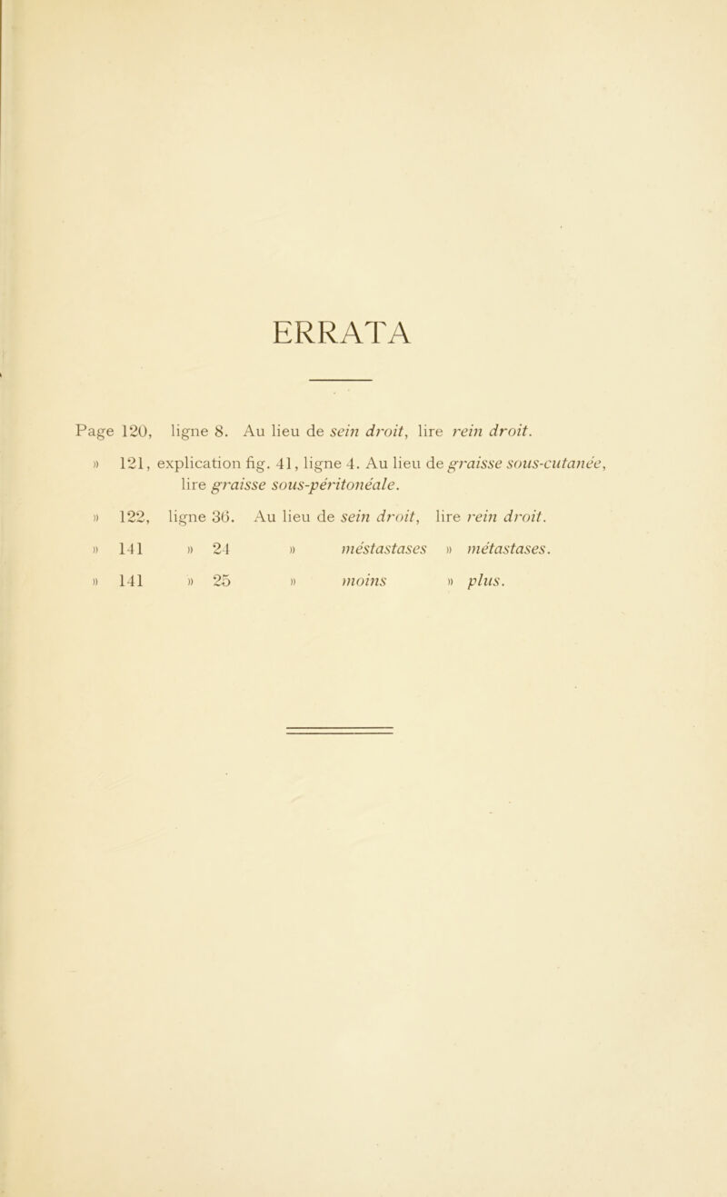 ERRATA Page 120, ligne 8. Au lieu de sein droit, lire rein droit. » 121, explication fig. 41, ligne 4. Au lieu de graisse sous-cutanée, lire graisse sous-péritonéale. » 122, ligne 36. Au lieu de sein droit, lire rem droit. » 141 » 24 » méstastases » métastases. )) 141 » 25 » moins » plus.