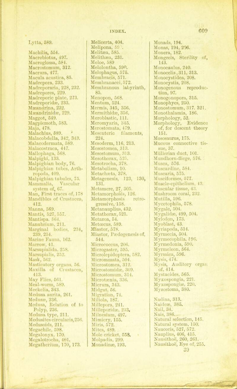 L3'tta, 689. Machilis, 65-1. Macrobiotus, 497. Macroglossa, 684. Macrostomum, 312. Macrura, 477. Macula acustica, 86. Madrepora, 233. Madreporaria, 228, 232. Madrepores, 229. Madreporic plate, 273. Madreporidie, 233. Maeandrina, 232. Micandrinidae, 229. Maggot, 649. Magiüemoth, 583. Maja, 478. Malachius, 689. Malacobdella, 342, 343. Malacodennata, 689. Malacostraca, 447. Jlallophaga, 568. Malpighi, 133. Malpighian body, 76. Malpighian tubes, Arth- ropoda, 109. Malpighian tubules, 75. Mammalia, Vascular System of, 67. Man, First traces of, 178 Mandibles of Crustacea. 412. Manna, 569. -Mantis, 527, .557. Mantispa. 561. Manubrium, 211. Marginal bodies, 234, 239, 2.54. Marine Fauna, 162. iMarrow, 41. ■Mai-supialida. 2.58. ■Marsupialis, 252. Mask, 662. Masticatory Organs. 56. -Vlaxilla of Cnistarea, 413. iUay Flies, 661. Meal-worm, 589. Mcckclia, 343. -Medusa anrita, 261. Medusic, 236. Medusa, llclation of to Polyp, 236. ■Medusa type, 211. Medusitcs circularis,256. -Medusoids, 211. Megachile, 598. Megalonyx, 170. -Megalotroeha, 401. Megatherium, 170, 173. Melicerta, 404. Melipona, 59 . Melitma, 585. Melithsea, 231. Meloe, 589 Melolontha, 590. Melophagus, 576. Membracis, B71. Membrauacei, 572. Membranous labyrinth, 85. Menopon, 568. Mentum, 524. Mermis, 346, 356. Mermithidas, 356. Meroblastic, 111. Meromyaria, 346. Merostomata, 479. Mescnteric lilaments, 224. Mesoderm, 116, 213. Mesostomca, 313. Mesostomum, 313. Mesothorax, 525. Mesotrocha, 378. Metabolism, 10. Metachffita, 378. Metagenesis, 123, 130, 131. Metamere, 27, 305. Metamorphosis, 126. Metamorphosis ret re- gressive, 158. Metanauplius, 432. Metatborax, 525. Metazoa, 64. Metoecus, 589. Miastor, 578. Miastor, Picdogcnesis of. 644. Microeoccus, 206. Slicrogaster, 595. Microlepidoptera, 582. Micrommata, 504. Microstomea, 312. Microstomidse, 309. Microstomum, 314. Microtajnia, 336. Micrura, 343. Midgut. 56. Migration, 74. IMiliola, 187. Millepora, 241. MilleporidiE, 233. Milnesium, 497. Mimiery, 165. Miris, 572. Mites, 489. Jlole cricket, 558. • Molpadia, 299. Mouadinm, 193. Monads, 194. Monas, 194, 206. Monera, 18^ Mongrels, Sterility of, 143. Monooaulus, 240. Monocelis,311, 313. Monocystidea, 208. Monocystis, 208. Monogenous reproduc- tion, 97. Monogonopora, 316. Monophyes, 250. Monostomum, 317. 321. Monothalamia, 186. Morphology, 52. Morphology, Evidence of, for descent theory 161. Mososaurus, 175. Mucous connective tis- sue, 37. Miillerian duct, 101. Mundhorn-fliege, 576. Musca, 676. Muscardine, 584. Muscaria, 576. Musciformes, 577. Muscle-epithclium, 43. Muscular tissue, 43. Mushroom coral, 232. Mutilla, 696. Mycetophila, 678. Mygale, 504. Mygalidse, 499, 504. Mylodon, 173. Myoblast, 43. Myriapoda, 614. Myrmecia, 604. Myrmecophila. f96. Myrmedüiiia, 590. Myrmeloon, 564. iMyrinica, 596. Mysis, 4 74. Mysis, Auditory orgaii of, 414. Mystaoides, 666. My.xospongia, 221. Myxospongim, 220. Myzostoma, 380. Nadina, 313. Naidcse, 385. Nail, 34. Nais, 386.- Natiiral selection, 145. Natural System, 150. Naucoris, 627, 672. Nauplius, 406, 415. Nausithoe, 260, 261. Nausithoe, Eye of, 255, 30 < •r%