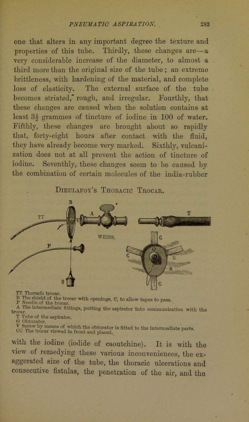 one that alters in any important degree the texture and properties of this tube. Tkirdly, tlaese changes are—a very considérable increase of the diameter, to almost a tkird more than the original size of the tube ; an extreme brittleness, with hardening of the material, and complété loss of elasticity. The external surface of the tube becomes striated, rougk, and irregular. Fourthly, that these changes are caused when the solution contains at least 3^ grammes of tincture of iodine in 100 of water. Fifthly, these changes are brought about so rapidly that, forty-eight hours after contact with the fluid, they hâve already become very marked. Sixthly, vulcani- zation does not at ail prevent the action of tincture of iodine. Seventhly, these changes seem to be caused by the combination of certain molécules of the india-rubber Dieulafoy’s Thoracic Trocar. WEISS. TT Thoracic troear. ® ïrhef,hielÂ?f the trocar openings, C, to ailow tapes to pass. 1 Neerlle of the trocar. trocar^ “1^erme^ate fittings, putting the aspirator into communication with the T Tube of the aspirator. O Obturator. YJ?trV,hy mea-ns of, whieh the obturator is fitted to the intermediate parts. CO The trocar-viewed m front and placed. with the iodine (iodide of caoutchine). It is with the view of remedying these various inconveniences, the ex- aggerated size of the tube, the thoracic ulcérations and consecutive fistulas, the pénétration of the air, and the