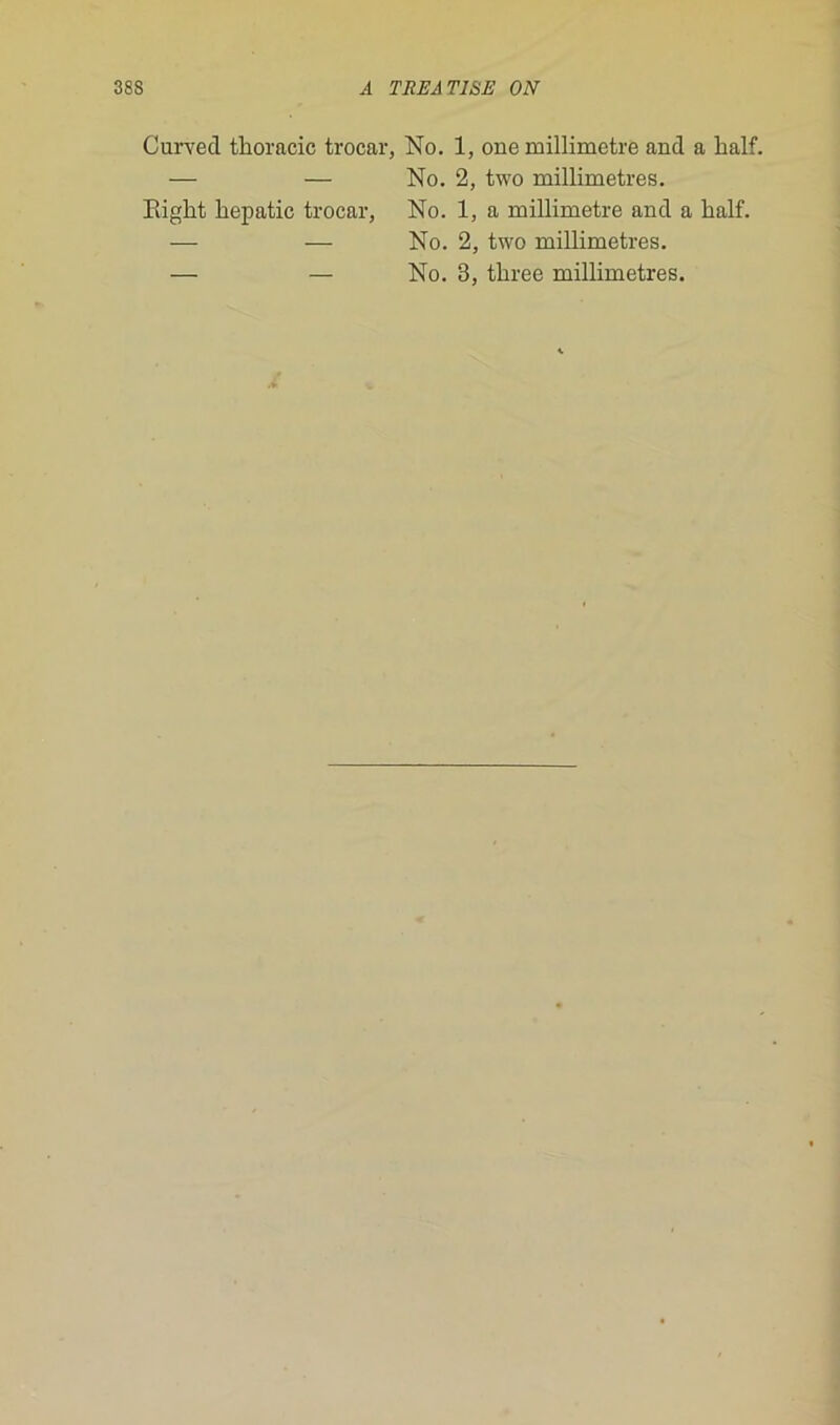Curved tlioracic trocar, No. 1, one millimétré and a half. — — No. 2, two millimétrés. Iliglit hepatic trocar, No. 1, a millimétré and a liait. — — No. 2, two millimétrés.