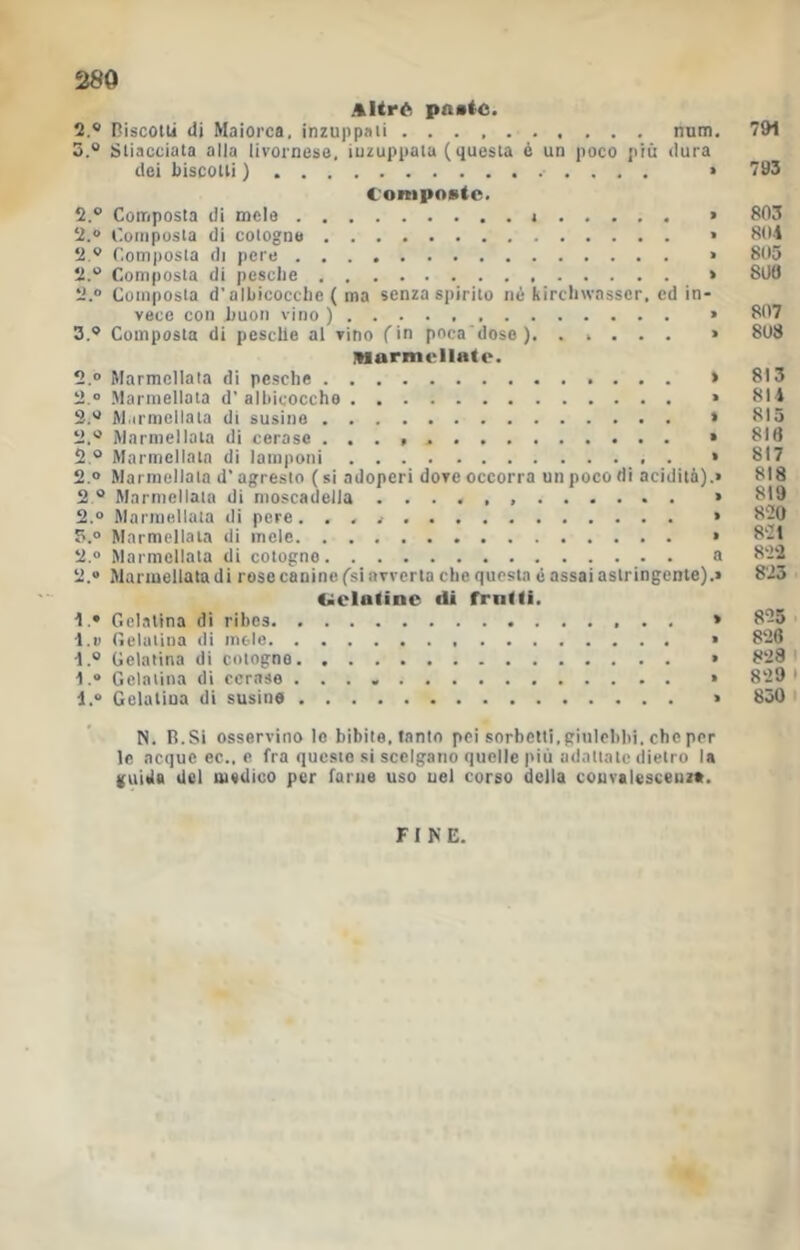 .%itr6 pftalc. Riscotti di Maiorca, inzuppali num. 791 5.° Stiacciata alla livornese, iuzuppata ( questa è un poco jiiù dura dei biscotti ) » 793 CoRipnstc. 2.® Composta di mele » 803 2.® Composta di pere » 805 2. Composta di pesche » 800 2. ® Composta d'albicocche ( ma senza spirito nè kirchwasscr, ed in- vece con buon vino ) » 807 3. ® Composta di pesche al vino ('in poca'dose) » 808 Marmellate. W.irmellala di susine * 815 2.'’ Marmellata di cerase » 818 2.® Marmellata di lamponi . * 817 2.® Marmellata d'agresto ( si adoperi dove occorra un poco di acidità).» 818 2 ® Marmellata di nioscadeila » ^'0 2.® Marmellata di pere. . . • 820 5.0 Marmellata di mele • 821 2.® Marmellata di cotogno a 822 2.® Marmellata di rose canine (si avverta che questa è assai astringente).» 8'i3 Ciclatinc di rrnlfi. 1.® Gelatina di ribes » 825 1.1) Gelatina di mole » 826 1.® Gelatina di cotogno » 828 1 1.® Gelatìna di cerase » 829' 1.® Gelatina di susine > 850 i N. B.Si osservino lo bibite, tanto pei sorbetti, giulebbi, che per le acque ec.. e fra questo si scelgano quelle più adattate dietro la guida del uiadico per farne uso uel corso della couvalescenzt. F I K E.
