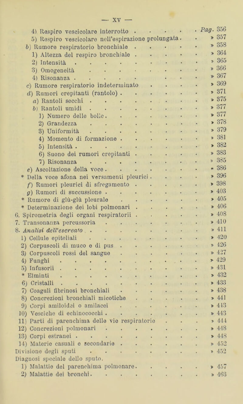 4) Respiro vescicolare interrotto Pag- 5) Respiro vescicolare nell’espirazione prolungata. • » 457 b) Rumore respiratorio bronchiale ..•••* 458 1) Altezza del respiro bronchiale * 464 2) Intensità * 465 3) Omogeneità >y 4) Risonanza ...» 467 c) Rumore respiratorio indeterminato .... » 469 d) Rumori crepitanti (rantolo) » 3/1 a) Rantoli secchi * 475 b) Rantoli umidi » 477 1) Numero delle bolle * 4/7 2) Grandezza » 478 3) Uniformità ...» 379 4) Momento di formazione » 481 5) Intensità » 482 6) Suono dei rumori crepitanti » 383 7) Risonanza * 485 e) Ascoltazione della voce ” 386 * Della voce afona nei versamenti pleurici .... » 396 f) Rumori pleurici di sfregamento » 398 g) Rumori di succussione » 4:03 * Rumore di glù-glù pleurale » 405 * Determinazione dei lobi polmonari » 406 6. Spirometria degli organi respiratorii » 408 7. Transonanza percussoria ........ 410 8. Analisi dell’escreato . . . . . • • • » 411 1) Cellule epiteliali * 420 2) Corpuscoli di muco e di pus » 426 3) Corpuscoli rossi del sangue » 427 4) Funghi » 429 5) In fusorii » 431 * Elminti .......... » 432 6) Cristalli » 433 7) Coaguli fibrinosi bronchiali » 438 8) Concrezioni bronchiali micotiche » 441 9) Corpi amiloidei o amilacei ...... » 413 10) Vesciche di echinococchi » 443 11) Parti di parenchima delle vie respiratorie ...» 444 12) Concrezioni polmonari ........ 448 13) Corpi estranei » 448 14) Materie casuali e secondarie » 452 Divisione degli sputi » 452 Diagnosi speciale dello sputo. 1) Malattie del parenchima polmonare » 457 2) Malattie dei bronchi » 463