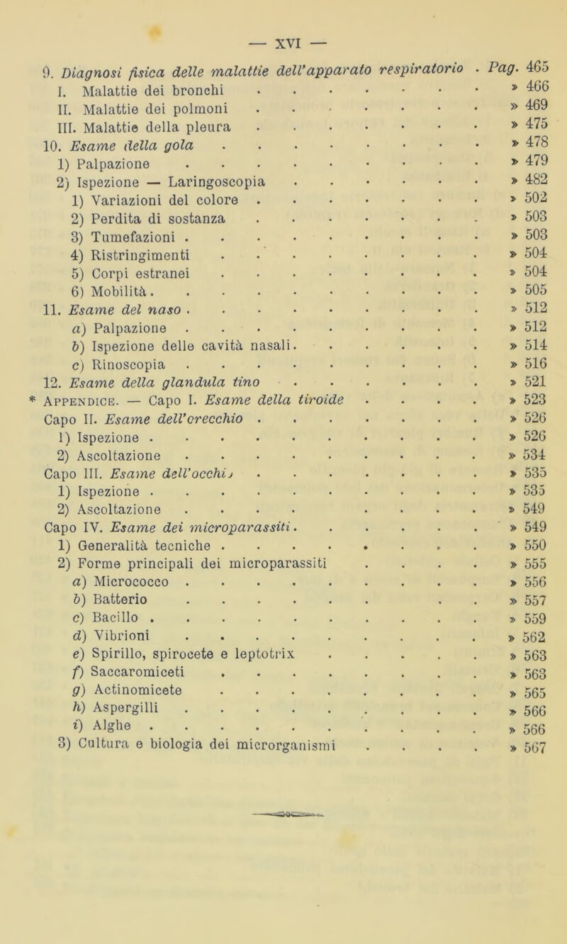 0. Diagnosi fisica delle malattie dell’apparato respiratorio I. Malattie dei bronchi II. Malattie dei polmoni III. Malattie della pleura 10. Esame della gola ...•••• 1) Palpazione 2) Ispezione — Laringoscopia 1) Variazioni del colore 2) Perdita di sostanza 3) Tumefazioni 4) Ristringimenti 5) Corpi estranei 6) Mobilità 11. Esame del naso ........ a) Palpazione b) Ispezione delle cavità nasali. .... c) Rinoscopia 12. Esame della gianduia tino ..... * Appendice. — Capo I. Esame della tiroide Capo II. Esame dell’orecchio ...... 1) Ispezione ......... 2) Ascoltazione Capo III. Esame delVocchij 1) Ispezione ......... 2) Ascoltazione .... ... Capo IV. Esame dei microparassiti..... 1) Generalità tecniche 2) Forme principali dei microparassiti a) Micrococco ........ b) Batterio c) Bacillo d) Vibrioni e) Spirillo, spirocete e leptotrix. .... f) Saccaromiceti ....... g) Actinomicete ....... h) Aspergini i) Alghe 3) Cultura e biologia dei microrganismi Pag. 465 » 466 » 469 » 475 » 478 » 479 » 482 » 502 » 503 » 503 » 504 » 504 » 505 » 512 » 512 » 514 » 516 » 521 » 523 » 526 » 526 » 534 » 535 » 535 » 549 » 549 » 550 » 555 » 556 » 557 » 559 » 562 » 563 » 563 » 565 » 566 » 566 » 567