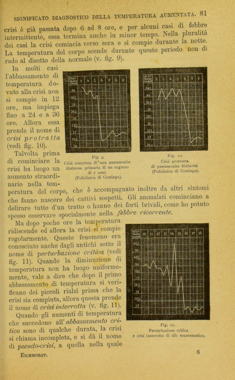 crisi è già passata dopo 6 ad 8 ore, e per alcuni casi di febbre intermittente, essa termina anche in minor tempo. Nella pluralità dei casi la crisi comincia verso sera e si compie durante la notte. La temperatura del corpo scende durante questo periodo non di rado al disotto della normale (v. fìg. 9). Fig. 9- Crisi completa di'una pneumonite fibrinosa primaria di un ragazzo di 7 anni. (Policlinica di Gottinga). Fig. io. Crisi protratta di pneumonite fibrinosa (Policlinica di Gottinga). In molti casi l’abbassamento di temperatura do- vuto alla crisi non si compie in 12 ore, ma impiega fino a 24 e a 30 ore. Allora essa prende il nome di crisi prot?’'atta (vedi fìg. 10). Talvolta prima di cominciare la crisi ha luogo un aumento straordi- nario nella tem- . ...... peratura del corpo, che è accompagnato inoltre da altri sintomi die fanno nascere dei cattivi sospetti. Gli ammalati cominciano a delirare tutto d’un tratto o hanno dei forti brividi, come ho potuto spesso osservare specialmente nella febbre ricorrente. Ma dopo poche ore la temperatura ridiscende ed allora la crisi si compie regolarmente. Questo fenomeno era conosciuto anche dagli antichi sotto il nome di perturbazione critica (vedi fig. 11). Quando la diminuzione di temperatura non ha luogo uniforme- mente, vale a dire che dopo il primo abbassamento di temperatura si 'veri- ficano dei piccoli rialzi prima che la crisi sia compiuta, allora questa pi ende il nome di crisi interrotta (v. fig. 11). Quando gli aumenti di temperatura che succedono all abbassamento ci i- tico sono di qualche durata, la crisi si chiama incompleta, e si da il nome di pseudo-crisi, a quella nella quale Eichhorst. Fig. TX. Perturbazione critica e crisi interrotta di tifo esantematico.