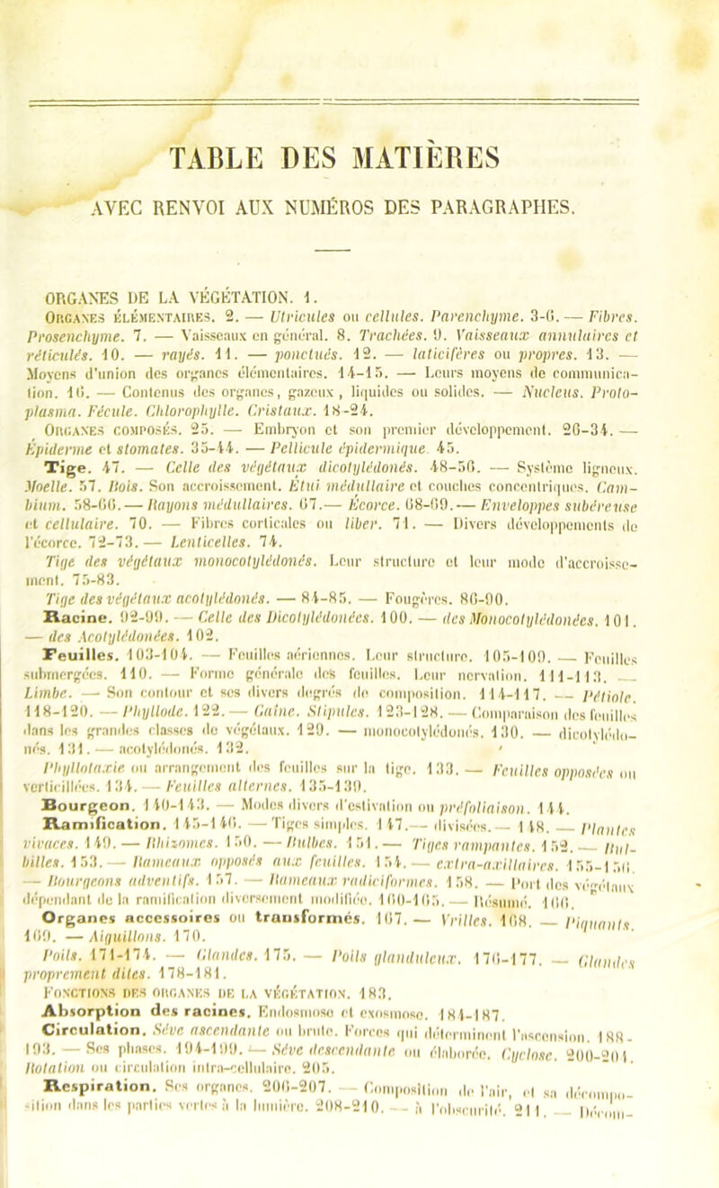 AVEC RENVOI AUX NUMÉROS DES PARAGRAPHES. ORGANES DE LA VÉGÉTATION. I. Organes élémentaires. 2. — Utricules ou cellules. Parenchyme. 3-0. — Fibres. Prosenchyme. 7. — Vaisseaux en général. 8. Trachées. 0. Vaisseaux annulaires et réticulés. 10. — rayés, il. — ponctués. 12. — laticifires ou propres. 13. — Moyens d’union des organes élémentaires. 14-15. — Leurs moyens de communica- tion. 10. — Contenus des organes, gazeux , liquides ou solides. — Nucléus. Proto- plasma. Fécule. Chlorophylle. Cristaux. 18-24. Organes composés. 25. — Embryon et son premier développement. 26-34. — Épiderme et stomates. 35-44. —Pellicule épidermique 45. Tige. 47. - Celle des végétaux dicotylédones. 48-50. — Système ligneux. Moelle. 57. Pois. Son accroissement. Etui médullaire et couches concentriques. Cam- bium. 58-00. — Payons médullaires. 07.— Ecorce. 08-09.— Enveloppes subéreuse cl cellulaire. 70. - - Fibres corticales ou liber. 71. — Divers développements de l'écorce. 72-73.— Lenticelles. 74. Tige des végétaux monocotylédonés. Leur structure et leur mode d'accroisse- ment. 75-83. Tige des végétaux acotylédonés. — 84-85. — Fougères. 80-90. Racine. 92-99. — Celle des Dicotylédoiiécs. 100. — des lilbnocotylédonées. 101. — des Acolylédonées. 102. Feuilles. 103-104. — Feuilles aériennes. Leur structure. 105-109. Feuilles submergées. 110. — Forme générale des feuilles. Leur nervation. 111-113. Limbe. — Son contour et scs divers degrés de composition. 114-117. Pétiole. 118-120. —Phyllode. 122. —— Gaine. Stipules. 123-128. — Comparaison des feuilles dans les grandes classes de végétaux. 129. — monocotylédonés. 130. — dicotylédo- nés. 131. — acotylédonés. 132. » Phyllotaxie ou arrangement des feuilles sur la tige. 133.— Feuilles opposées ou verlicillées. 134. — Feuilles alternes. 135-139. Bourgeon. 1 40-143. — Modes divers d’cslivnlion ou préfoliaison. 144. Ramification. 1 45-1 40. — Tiges simples. 1 47.— divisées.— 148. Plantes vivaces. 149. — Hhizomes. 150. — Pulbcs. 1 51. — Tiges rampantes. 1 52. Hui- billes. 153.— Hameaux opposés aux feuilles. 154.— extra-axillaires. 155-1 r»(i — Bourgeons adventifs. 157. — Hameaux radiciformcs. 158. — Dort des végétaux dépendant delà ramification diversement modifiée. 100-105, — Résumé. 100.  Organes accessoires ou transformés. 107.— Vrilles. 108. Piquants 109. —Aiguillons. 170. Poils. 171-174. — Claude». 175. — Poils glanduleux. 170-177. — ('.landes proprement dites. 178-181. Fonctions des organes de la végétation. 183. Absorption des racines. Endosmose et exosmose. 184-187. Circulation. Sève ascendante ou broie. Forces qui déterminent l'ascension. 188- 193. — Ses phases. 194-199. Sève descendante eu élaborée. Cyclosc. 200-201 Itotation ou circulation intra-cellulaire. 205. Respiration. Ses organes. 200-207. - Gompostlion de l'air, el sa déenmmi- -ilinn dans les parties vertes à la lumière. 208-210. — à l'obscurité. 211, — Dénnn-