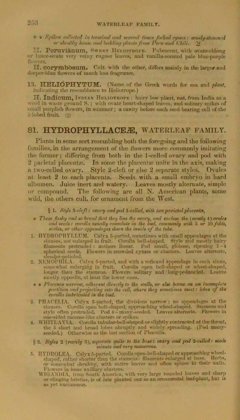 WATEULEAF FAMILT. 2. A3 * * Spikes collected in terminal and several times forked cymes: woody-sfemmed or shrubby house and bedding plants from Peru anil Chili. 2/ II. Peruvi&num, Sweet Heliotrope. Pulxweent, with ovato-oblong nr hince-ovnte very veiny rugose leaves, and vanilla-scented pule blue-purple flowers. H. corymbbsum. Cult, with the other, differs mainly in the larger and deeper-blue tlowers of much less fragrance. 13. HELIOPHYTUM. (Name of the Greek words for sun and plant, indicating the resemblance to Heliotrope.) II. Indicum, Indian Heliotrope : hairy low plant, nnt. from India ns a weed in waste ground S.; with ovate heart-shaped leaves, and solitary spikes of small purplish (lowers, in summer; a cavity before each seed-bearing cell of the 2-lobed fruit © 81. HYDROPHYLLACEiE, WATERLEAF FAMILY. Plants in some sort resembling both the foregoing and the following families, in the arrangement of the flowers more commonly imitating the former; differing from both in the 1-celled ovary and pod with 2 parietal placentae. In some the placenta; unite in the axis, making a two-celled ovary. Style 2-cleft or else 2 separate styles. Ovules at least 2 to each placenta. Seeds with a small embryo in hard albumen. Juice inert and watery. Leaves mostly alternate, simple or compound. The following are all N. American plants, some wild, the others cult, for ornament from the West. § 1. Style 2-cleft.: ovaiy and pod 1 -celled, with two parietal placentas, * These fleshy nml so hrotul that they line the ovary, and enclose the (mostly 4) ovules and seeds: corolla usually convolute in the bud, commonly with 5 or 10 folds, scales, or other appendages down the inside of the tube. 1. IIYDROPHYLLUM. Calvx 5-parted, sometimes with small appendages at the sinuses, not enlarged in fruit. Corolla bell-slmped. Style and mostly hairy filaments protruded : anthers linear. Pod small, globose, ripening 1-4 spherical seeds. Flowers in crowded cymes or clusters. Leaves alternate, stemlcr-pctioled. 2. NKMOPH1LA. Calvx 5-parted, and with a reflexed appendage in each sinus, somewhat enlarging in fruit. Corolla open bell-shaped or wheol-slmped, longer than the stamens. Flowers solitary and long-i>cduncled. Leaves mostly opposite, at least the lower ones. * # Placentas narrow, adherent directly to the walls, or else borne on an incomplete partition and projecting into the cell, where they sometimes meet: lobts of the corolla imbricated in the bud. 3. PHACF.LIA. Calyx 5-parted, the divisions narrow; no appendages at the sinuses. Corolla open bell-shaped, approaching wheel-shaped. Stamens and stylo often protruded. Pod 4 - many-seeded. Leaves alternate. Flowers in one-sided raceme-like clusters or spikos. 4. Will TLA VIA. Corolla tubular-bell-shaped or slightly contracted at the throat, the 5 short and broad lobes abruptly and widely spreading. (Pod many- seeded.) Otherwise as the last section of Phacelia. § 2. Styles 2 (rarely 3), separate quite to the base: ovary and pod 2-celled: seeds minute and verr/ numerous. 5. HYDROLEA. Calvx 6-partcd. Corolla open-hell-shaped or approaching wheel- shaped, rather shortor than the stamens: filaments enlarged at base. Herbs, or somewhat shrubby, with entire leaves and often spines In their axils. Flowers in loose axillary olusters. WIGANIHA, from South” America, with very large rounded leaves and sharp or stinging bristles, is of late planted out as an ornamental leaf-plant, but is as yet uncommon.