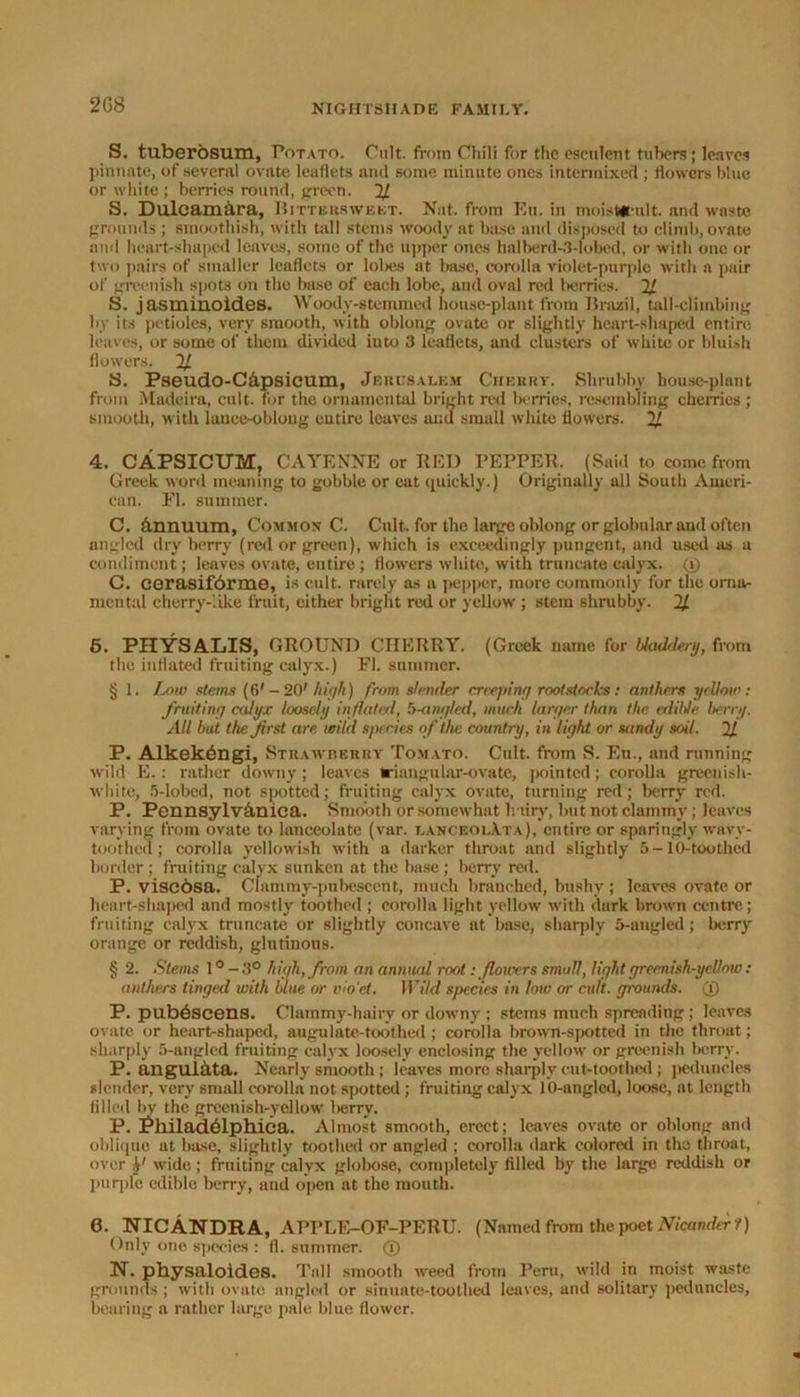 208 S. tuberosum, Potato. Cult, from Chili for the esculent tubers ; leaves pinnate, of several ovate leaflets and some minute ones intermixed ; dowers blue or white ; berries round, green. 21 S. Dulcamara, Bittersweet. Nat. from Eu. in moistttuilt. and waste grounds ; smoothish, with tall stems woody at base and disposed to climb, ovate and heart-shaped leaves, some of the upper ones hnlberd-3-fobed, or with one or two pairs of smaller leaflets or lolies at base, corolla violet-purple with a pair of greenish spots on the base of each lobe, and oval red berries. 2J. S. jasminoid.es. Woody-Stemmed house-plant from Brazil, tall-climbing by its petioles, very smooth, with oblong ovate or slightly heart-shaped entire leaves, or some of them divided into 3 leaflets, and clusters of white or bluish flowers. 21 S. Pseudo-Capsicum, Jerusalem Cheery. Shrubby house-plant from Madeira, cult, for the ornamental bright red berries, resembling cherries ; smooth, with lance-oblong entire leaves anu small white flowers. 21 4. CAPSICUM, CAYENNE or RED PEPPER. (Said to come from Greek word meaning to gobble or eat quickly.) Originally all South Ameri- can. El. summer. C. knuum, Common* C. Cult, for the large oblong or globular and often angled dry berry (red or green), which is exceedingly pungent, and used as a condiment; leaves ovate, entire ; flowers white, with truncate calyx. (I) C. cerasifdrme, is cult, rarely as a pepper, more commonly for the orna- mental cherry-’.ike fruit, either bright red or yellow*; stem shrubby. 21 5. PHYSALIS, GROUND CHERRY. (Greek name for bladdery, from the inflated fruiting calyx.) FI. summer. § 1. Low stems (6'-20' high) from slender creeping rootstocks: anthers yellow: fruiting calyx loosely inflate)!, 5-angled, much larger than the edible berry. All but the Jirst are wild species of the country, in light or sandy soil. 2J. P. Alkek6ngi, Strawberry Tomato. Cult, from S. Eu., and running wild E.: rather downy; leaves triangular-ovate, pointed; corolla greenish- white, 5-lobed, not spotted; fruiting calyx ovate, turning red; berry red. P. Pennsylv&nica. Smooth or somewhat lnirv, but not clammy ; leaves varying from ovate to lanceolate (var. lanceolAta), entire or sparingly wavy- toothed ; corolla yellowish with a darker throat and slightly 5-10-toothed border ; fruiting calyx sunken at the base ; berry red. P. visedsa. Clammy-pubescent, much branched, bushy ; leaves ovate or heart-shaped and mostly toothed ; corolla light yellow with dark brown centre.; fruiting calyx truncate or slightly concave at base, sharply 5-angled; berry orange or reddish, glutinous. § 2. Stems 10 - 3° high, from an annual root: flowers small, light greenish-yellow : anthers tinged with blue or w'o'et. Wild s/jecies in low or cult, grounds. ® P. pub6seens. Clammy-hairy or downy ; stems much spreading ; leaves ovate or heart-shaped, augulate-toothed; corolla brown-spotted in the throat; sharply 5-anglcd fruiting calyx loosely enclosing the yellow or greenish berry. P. angulata. Nearly smooth; leaves more sharply cut-toothed; peduncles slender, very small corolla not spotted ; fruiting calyx 10-angled, loose, at length tilled by the greenish-yellow* berry. P. Philad61phica. Almost smooth, erect; leaves ovate or oblong and oblique at base, slightly toothed or angled ; corolla dark colored in the throat, over If1 wide; fruiting calyx globose, completely filled by the large reddish or purple edible berry, and open at the mouth. 6. NICANDRA, APPLE-OF-PERU. (Named from the poet Nicanderf) Only one species : (1. summer. ® N. physaloides. Tull smooth weed from Peru, wild in moist waste grounds ; with ovate angled or sinuate-toothed leaves, and solitary peduncles, bearing a rather large pale blue flower.