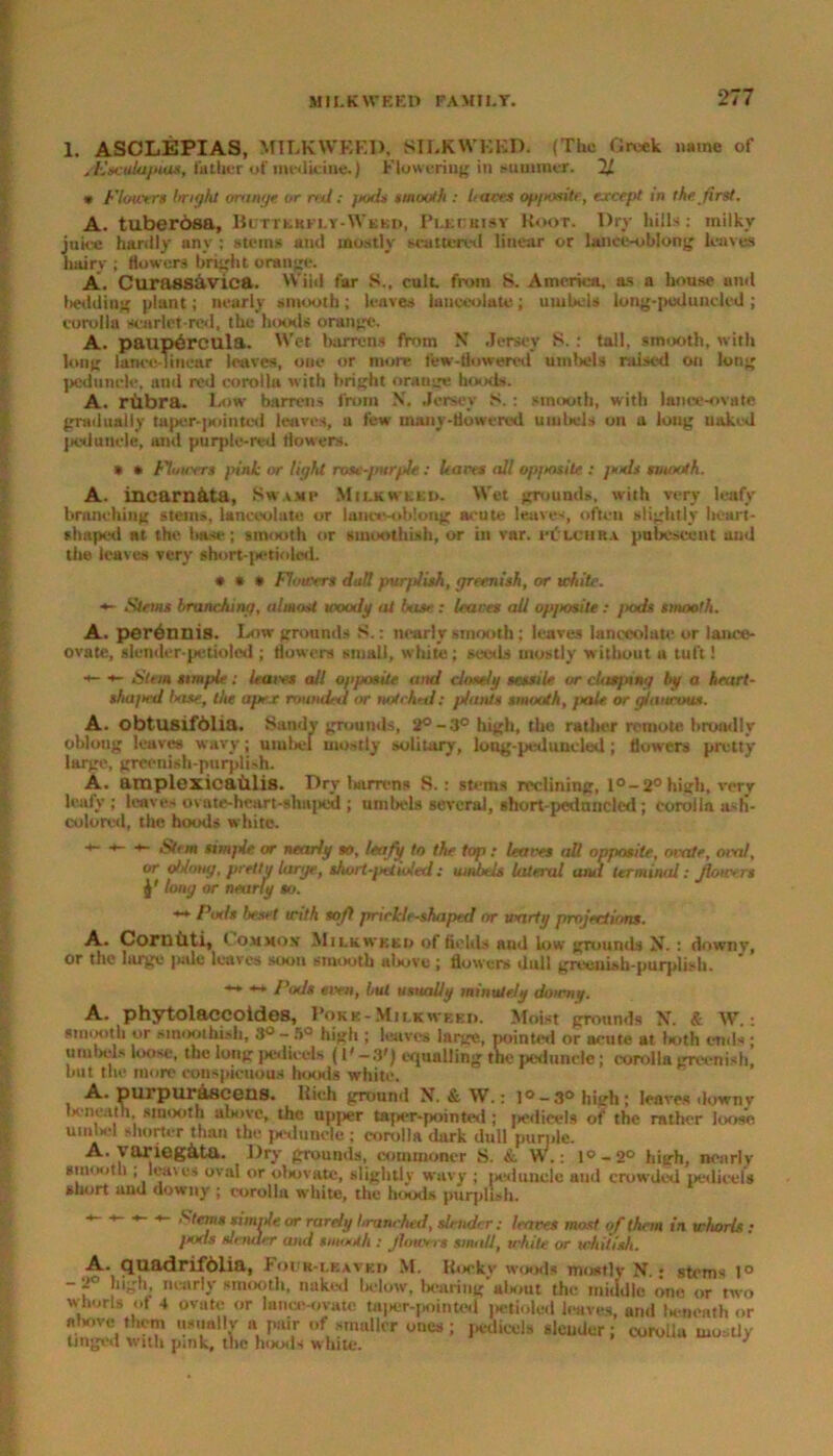 1. ASCLEPIAS, MILKWEED, SILKWKKD. (The Greek mine of sEaculaptas, father of medicine.) Flowering in summer. % * Flowers bright orunge or nil: /tods smooth : haves opposite, except in the first. A. tuberbsa, Buttkkfly-Wekd, Pleubisy Root. Dry lulls: milky juice hardly any ; stems and mostly scattered linear or lanee-oblong leaves hairy ; flowers bright orange. A. Curassavica. Wild far 8., cult, from S. America, as a house ami bedding plant; nearly smooth; leaves lanceolate; umbels long-poduncled; corolla scarlet-red, the hoods orange. A. paupdrcula. Wet barrens from X Jersey S.: tall, smooth, with long lance-linear leaves, one or more few-flowered umbels raised on long peduncle, and red corolla with bright orange hoods, A. rubra. Low barren' from X. Jersey S. : smooth, with lance-ovate gradually taper-pointed leaves, u few many-flowered umbels on a long naked peduncle, ami purple-red flowers. * * Flowers pink or light rosc-/iurple: hares all op/iosite : pels smooth. A. incarn&ta. Swamp Milkweed. Wet grounds, with very leafy branching sterns, lanceolate or lan«vob!ong acute leaves, often slightly heart- shaped at the liase; smooth or smoothish, or in var. filchra pubescent and the leaves very short-petroled. * * * Flowers dull pur/dish, greenish, or white. ■*- Stems branching, almost woody at base: leaves all op/iosite: /tods smooth. A. perdnnis. Low grounds S.: nearly smooth: leaves lanceolate or lance- ovate, slender-pctioled; flowers small, white; seeds mostly without a tuft! ■*- i- Stem simple: hams all opposite and cloudy sessile or clasfnng by a heart- sha/xd hose, the apex rounded or not chat: /hints smooth, /tale, or glaucous. A. obtusifblia. Sandy grounds, 2° - 3° high, the rather remote broadly obloug leaves wavy; umbel mostly solitary, long-peduncled; flowers pretty large, greenish-purplish. A. amplexicaulis. Dry barrens S.: stems reclining, l°-2°high, very leafy; leaves ovate-heart-shaped ; umbels several, short-pcdnncled; corolla asli- coloml, the hoods white. Stem simple or nearly so, leafy to the top: leaves all opposite, ovate, oval, or oblong, pretty large, shurt-/wiioled: umbels lateral amt terminal: jloice.rs long or nearly so. Potts beset with soft prickle-shaped or warty projections. A. Cornuti, Common* Milkweed of fields and low grounds N.: downy, or the large pale leaves soon smooth alxive; flowers dull greenish-purplish. ** *-♦ Pods even, but usually minutely downy. A. phytolaccoldes, Pokb-Milkweed. Moist grounds X. & W.: smooth or sinoothisli, 3° - ,r>° high ; leaves large, pointed or acute at both ends ; umbels loose, the long pedicels (P -3') equalling the peduncle; corolla greenish, but the more conspicuous hoods white. A- purpur&scens. llich ground X. & W.: 1° — 3° high; leaves downv la-neat h, smooth above, the npjier taper-pointed; tiedicels of the rather loose umbel shorter than the peduncle ; corolla dark dull purple. A* yariegkta. Dry grounds, commoner S. & W.: l°-2° high, nenrlv smooth ; leaves oval or oliovate, slightly wavy ; peduncle and crowded pedicels short and downy ; corolla white, the hoods purplish. Stems simile or rarely branched, slender: leaves mast of them in whorls : /tods slender and smooth : flowers small, white or whitish. A. quadrifblia, Four-leaved M. Rocky woods mostly X.; stems 1° -2° high, nearly smooth, naked hclow, bearing’about the middle one or two whorls of 4 ovate or lance-ovate tajier-pointed petioled leaves, and U neath or nltovc them usually a pair of smaller ones; pedicels slender; corolla mostly tinged with pink, the hoods white. 3