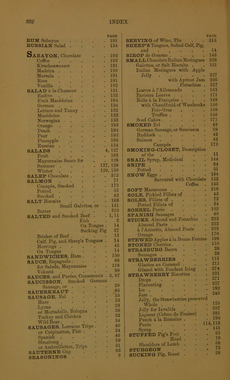 HUM Sabayon BUS SIAN Salad . PAGE 191 134 SABAYON, Chocolaté . 192 Coffee .... . 192 Kirschenwasser . 191 Madeira . . . 190 Marsala .... . 191 Rum .... . 191 Vanilla .... . 192 SALAD à la Chasseur . . 131 Endive .... . 133 Fruit Macédoino . 194 German .... . 134 Lottuce and Tunny . . 132 Macédoine . 132 Norwegian . 133 Orange .... . 193 Peach .... . 194 Pear .... . 193 Pineapple . 193 Russian . . 134 SALADS .... 4, 127 Fruit .... . 193 Mayonnaise Sauce for . 128 Summer .... 127, 128 Winter .... 129, 130 SALEP Chocolaté . . 312 SALMON .... . 71 Canapés, Smoked . 173 Potted 53 Smoked .... . 42 SALT Biscuits . 168 Small Galettes, or . 151 Butter .... . 310 SALTED and Smoked Beef . . 1,11 Fish . 2 Ox Tongue . 14 Sucking Pig 27 Brisket of Beef . 13 Calf, Pig, and Sheep’s Tongues . 14 Herrings .... 43 Ox Tongue . 14 SANDWICHES, Ham . . 150 SAUCE, Espagnole. . 88 for Salads, Mayonnaise . 128 Velouté . • 89 SAUCES, and Purées, Consommés . 3, 87 SAUCISSON, Smoked German Sausage, or . SAUERKRAUT . 85 SAUSAGE, Eel . . 35 Hare .... . 33 Lyons . 28 or Mortadelle, Bologna 36 Turkey and Chicken 32 Wild Boar. . 34 SAUSAGES, Lorraine Tripe . . 40 or Crépinettes, Fiat . . 24 Spanish . . 40 o n Strasburg . • • . 6 9 or Andouillettes, Tripe . 31 SAUTERNE Cup . 85 SEASONINGS . . 9 SERVING of Wine, The SHEEP’S Tongues, Salted Calf, Pig, and ..... SIROP de Gomme .... SMA1L Chocolaté Italien Meringues Galettes, or Sait Biscuits . Italian Meringues with Apple Jelly . • with Apricot Jam Pistachios . Loaves à l’Allemande Parisian Loaves . . . Rolls à la Française . with Chaudfroid of Woodeocks Foie-Gras Truffles .... Seed Cakes .... SMOKED Eel . . . German Sausage, or Saucisson . Haddock Salmon ..... Canapés SMOKING-CLOSET, Description of the S N AIL Syrup, Médicinal SNIPE Potted SNOW Eggs . . _ . tlavoured with Chocolaté Coffee SOFT Macaroons .... SOLE, Pickled Fillets of SOLES, Fillets of . Potted Fillets of SORREL Purée .... SPANISH Sausages STICKS, Almond and Pistachio Almond Paste .... à l’Anisette, Almond Paste Orange STEWED Apples à la Bonne Femme STONED Cherries. STRASBURG Bacon . Sausages ...'• S TRAWBERRIE S Glacées au Caramel . . Glazed with Fondant Icing STRAWBERRY Biscottes . Drops Flavouring Ice . Jam . Jelly, the Strawberries proserved Whole . Jelly for Invalids Liqueur (Crème de Fraises) Punch à la Romaine . Purée . • • .114, Syrup STUFFED Pig’s Feet Head Shoulders of Lamb STURGEON SUCKING Pig, Rosvst PAGE 315 14 143 228 151 227 226 227 103 171 149 150 149 150 171 43 29 42 42 173 11 144 64 51 154 155 155 216 45 72 54 102 40 223 222 223 170 199 110 20 39 113 211 274 221 271 257 182 240 125 297 281 190 118 141 23 19 58 72 28