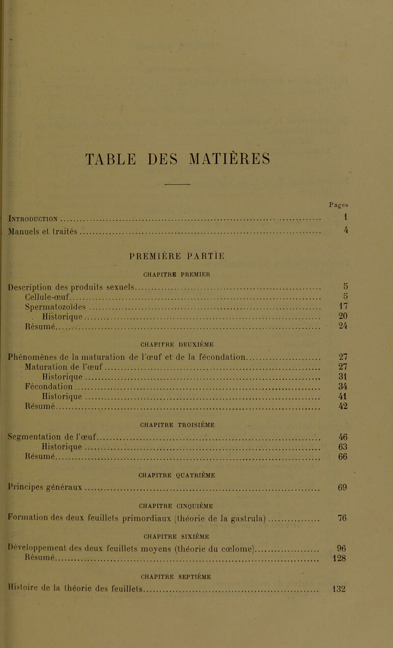 TABLE DES MATIERES Pages Introduction 1 Manuels et traites 4 PREMIERE PARTIE CHAPITRE PREMIER Description des produits sexuels 8 Cellule-ceuf S Spermalozo'ides 17 Historique 20 Resume 24 CHAPITRE DRUXIEME Phenomenes de la maturation de l’oeuf et de la fecondation 27 Maturation de l’ceuf 27 Historique 31 Fecondation 34 Historique 41 Resume 42 CHAPITRE TROISIEME Segmentation de l’oeuf 46 Historique 63 Resume 66 CHAPITRE QUATRIEME Principes generaux 69 CHAPITRE CINQÜIEME Formation des deux feuillels primordiaux (theorie de la gaslrula) 76 CHAPITRE SIXIEME Developpement des deux feuillels moyens (tlieorie du ccelome) 96 Resume 128 CHAPITRE SEPTIEME llistoirc de la Iheorie des feuillets 132