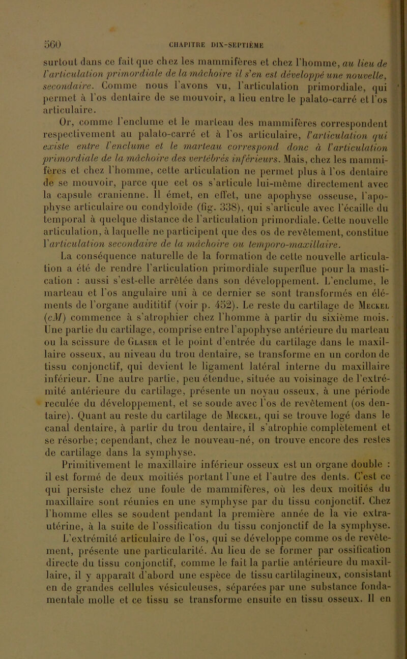 surtout dans co fait que chcz les mammiföres et chez Fhomme, au Heu de V articulalion primordiale de la mdchoire il s'en est developpe une nouvelle, secondaire. Comme nous Favons vu, rarticulation primordiale, qui pennet ä l’os dentaire de se mouvoir, a lieu entre le palato-carre et l’os articulaire. Or, comme l’enclume et le marteau des mammiferes correspondent respectivement au palato-carre et ä 1 os articulaire, l’articulalion t/ui exisle entre l'enclume et le marteau correspond donc ä l'articulalion 'primordiale de la mdchoire des vertebres inferieurs. Mais, chez les mammi- feres et chez Fhomme, cette articulation ne pennet plus a l’os denlaire de se mouvoir, parce que eet os s’articule lui-mCme directement avcc la capsule cranienne. II einet, cn eilet, une apophyse osseuse, l’apo- physe articulaire ou condyloide (fig. 338), qui s’arlicule avec Fecaille du temporal ä quelque distance de rarticulation primordiale. Cette nouvelle articulalion, ä laquelle ne parlicipent que des os de revetement, constilue Varticulalion secondaire de la mdchoire ou lemporo-maxillaire. La consequence naturelle de la Formation de cette nouvelle articula- tion a ete de rendre l’articulation primordiale superflue pour la masti- cation : aussi s’est-elle arretee dans son developpement. L’enclume, le marteau et l os angulaire uni ä ce dernier se sont transformes en ele- ments de l’organe audititif (voir p. 452). Le reste du cartilage de Meckel (cM) commence ä s’atrophier chez l’homme ä partir du sixiemc mois. Une parlie du cartilage, comprise entre 1’apophyse anterieure du marteau ou la scissure de Glaser et le point d’entree du cartilage dans le maxil- laire osseux, au niveau du trou dentaire, se transforme en un cordon de tissu conjonctif, qui devicnt le ligament lateral interne du maxillaire inferieur. Une autre partie, peu etendue, situee au voisinage de l’extre- mite anterieure du cartilage, presente un noyau osseux, a une periode reculee du developpement, et se soude avec Los de revetement (os den- taire). Quant au reste du cartilage de Meckel, qui se trouve löge dans le canal dentaire, ä partir du trou dentaire, il s’atrophie completement et se resorbe; cepondant, chez le nouveau-ne, on trouve encore des restes de cartilage dans la symphyse. Primitivement le maxillaire inferieur osseux est un Organe double : il est forme de deux moities portant l’une et Lautre des dents. C’est cc qui persiste chez une foule de mammiferes, oü les deux moities du maxillaire sont reunies en une symphyse par du tissu conjonctif. Chez Fhomme ellcs se soudent pendant la premihre annee de la vic extra- uterine, ä la suite de l’ossitication du tissu conjonctif de la symphyse. L’extremite articulaire de Fos, qui se developpe comme os de revete- ment, presente une particularite. Au lieu de se former par ossitication directe du tissu conjonctif, comme le fait la partie anterieure du maxil- laire, il y apparail d’abord une especc de tissu eartilagineux, consistant en de grandes cellulcs vesiculcuses, separees par une subslance fonda- mentalc molle et ce tissu se transforme ensuite en tissu osseux. 11 en