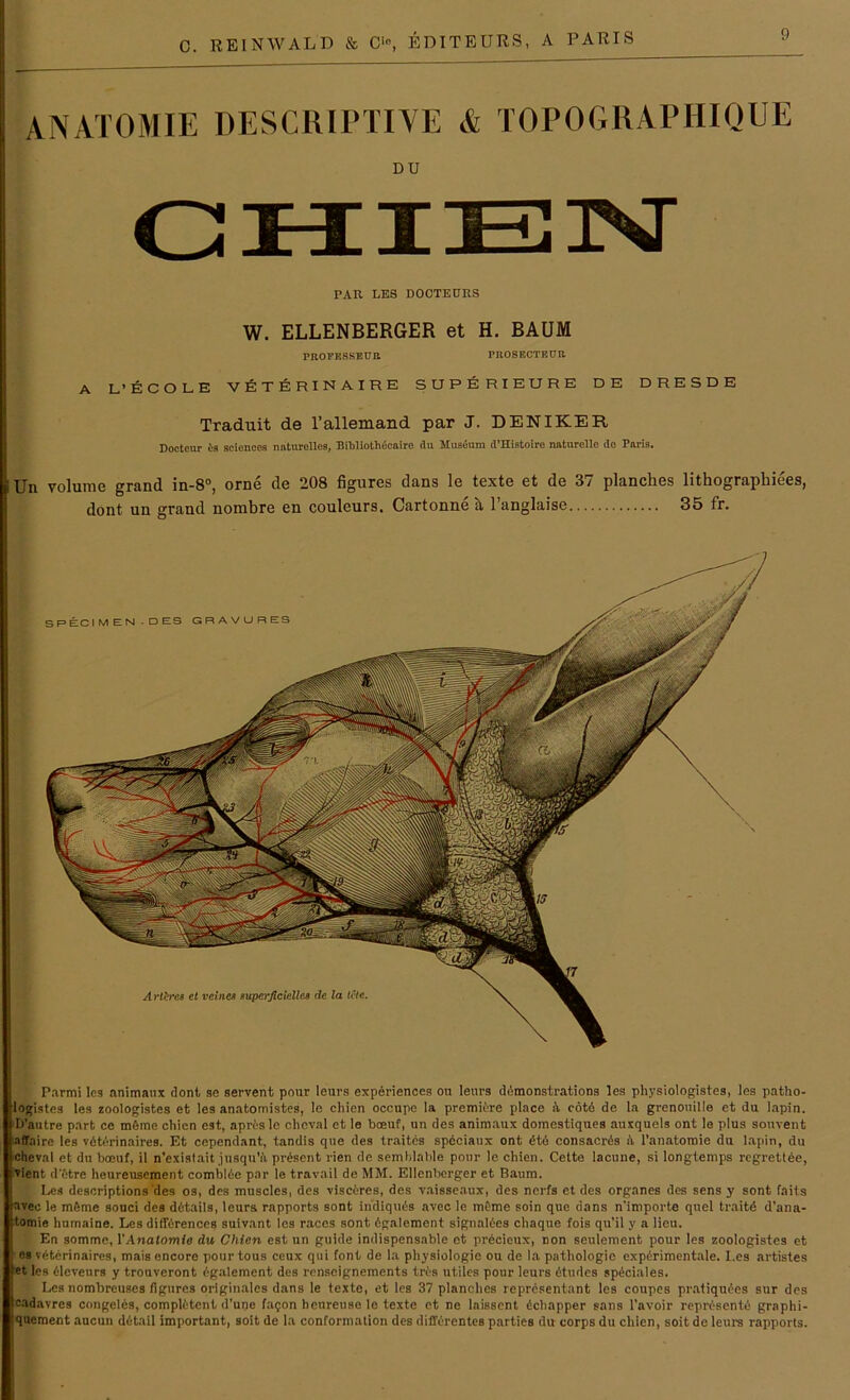 ANATOMIE DESCRIPTIVE & TOPOGRAPHIQUE DU PAR LES DOCTEURS W. ELLENBERGER et H. BAUM PROFRSSEÜU PROSECTEüa A L'ECOLE veterinaire superieure de dresde Traduit de l’allemand par J. DENIKER IDoctcur 6s Sciences naturelles, Bibliothecairo du Museum d’Histoire naturelle de Paris. Un volume grand in-8°, orne de 208 figures dans le texte et de 37 planches lithographiees, dont uu graud nombre en couleurs. Cartonne It 1 anglaise 35 fr. Andres et veines superflcielles de la Ule. Parmi les animaux dont se servent pour leurs experiences on leurs ddmonstrations les physiologistes, les patho- 'logistes les zoologistes et les anatomistes, le chien oceupe la premibre place A cötb de la grenouille et du lapin. i D utre part ce möme chien est, aprbsle cheval et le bceuf, un des animaux domcstiques auxquels ont le plus souvent affaire les vdtdrinaires. Et cependant, tandis que des traites speciaux ont dtd consacrds A l’anatoroie du lapin, du cheval et du boeuf, il n’existait jusqu'ii present rien de semblable pour le chien. Cette lacune, si longtemps regrettee, vient d'btre heureusement comblde par le travail de MM. Ellenberger et Baum. Les descriptions’des os, des muscles, des viscdres, des vaisseaux, des nerfs et des organes des sens y sont faits iavec le mdme souci des ddtails, leurs rapports sont indiquds avec le meme soin que dans n'importe quel traitd d’ana- tomie humaine. Les diffdrences suivant les races sont dgalement signaldes chaque fois qu’il y a lieu. En somme, VAnatomie du Chien est un guide indispensable et precieux, non seulement pour les zoologistes et es veterinaires, mais encore pour tous ceux qui font de la Physiologie ou de la pathologie expdrimentale. I.es artistes *t les dleveurs y trouveront dgalement des renseignements trbs utiles pour leurs dtudes spdciales. Les nombreuses figures originales dans le texte, et les 37 planches representant les coupes pratiqudes sur des cadavres congeles, complbtent d’une faqon h euren se le texte et ne laisscnt dchapper sans l’avoir reprdsentb graphi- [quement aucun ddtail important, soit de la conformation des diffdrentes parties du corps du chien, soit de leurs rapports.