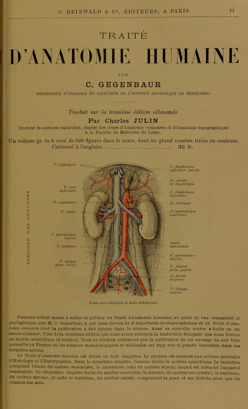 TRAITE D ANATOMIE III MAINE PAR C. GEGENBAUR PROFESSKUR D’ANATOMIE ET DIREGTEUR DE I.’lNSTITUT ANATOMIQUE DE IIEIDEI.BERG Tracluit sur la troisieme edition allemande Par Charles JULIN Docteur es Sciences naturelles, ehargö des cours d’Anatomie eomparee et d’Anatomie topographique ä la Facultö de Medecine de Lüge. Un volume gr. in-8 orne de 626 figures dans le texte, dont un grand nombre tirees en couleurs. Cartonne a l’anglaise 35 fr. m u i 0 > < I 0 m ui o z ui 5 Ö Ul 0. u> V. ln'patiquca V. cave inferieure V. capsulaire V. renale V. f>permatique interne V. lombaire V. iliaqne prim, ilruite II Kl 11 mm W/M Mm V. diapliragm. inferieure gauefte Or. cesoph. du diaphragm. A. diaphragm. inferieure A. coeliaque A. mesentfrique supericure Aorle abdominale V. spermatique interne V. iliaqne prim, gauche A. saerte mvyenne V. iliaque externe Veine cavc inferieure et aorto abdominale. Personne nütait mieux ä mime de pnblier nn Traitö d'anatomie humaine, au point de vue comparatif et phylogönique, que M. 0. Gegenbaur, ä qui nous devons de si importants ouvrages spöciaux et un Tratte d'Ana- tomie eomparee dont la publieation a fait epoque dans la Science. Aussi sa nouvelle oeuvre a-t-elle eu un succis iclatant. C’est dela troisiime ödition que nous avons entrepris la traduetion fran^aise que nous livrons au monde sciontifique et nüdical. Nous ne doutons nullemont que la publieation de cet ouvrage ne soit bien accueillie on France, oü les Sciences morphologiques et mödicales ont re<;u uno si grande impulsion dans ces dernieres annies. Le Traili d'Anatomie humaine est divisö on huit chapitres. Le premier est consacrö anx notions ginirales d’Histologio et d’Embryogönie. Dans le deuxiöme cliapitre, l’auteur ötudie le sysUme squelcttique. Le troisiimo comprond l’ötude du sysUme musculaire; le quatrieme, collo du sysUme ditjcslif, auquel est rattachö l’appareil respiratoire. Le cinquiömo ehapitro traito du sys time vasculaire; lo sixiime, du sysUme uro-genital; le septümo, du sysUme nerveux, et enfin lo liuitiöme, du sysUme cutane, comprenant la peau et ses derivis, ainsi que les Organes des sens.